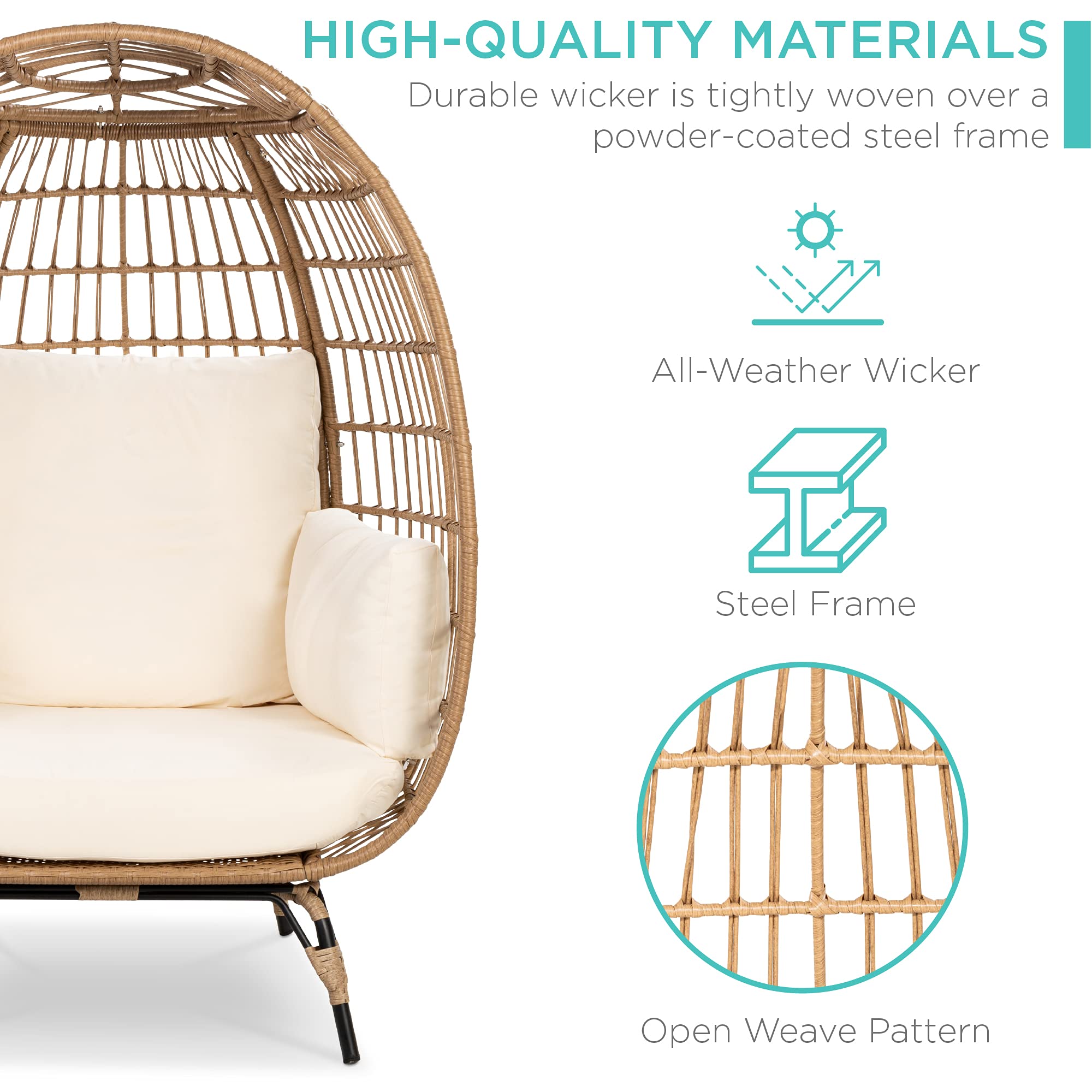 Best Choice Products Oversized Wicker Egg Chair - Indoor/Outdoor Hanging Lounger with 4 Cushions & Steel Frame (440lb Capacity, Ivory) - Perfect for Patio, Backyard, Living Room & Relaxation Spaces