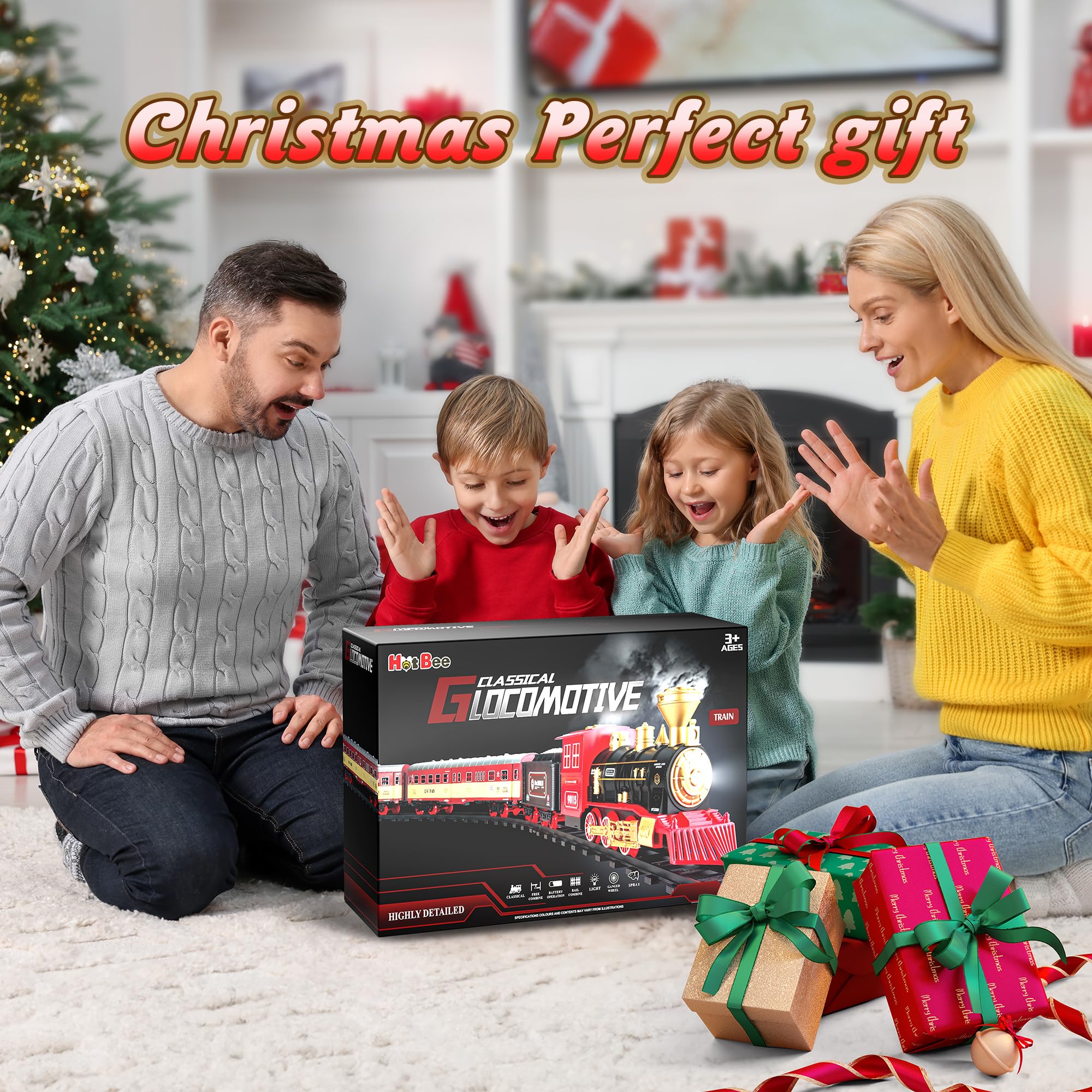 Hot Bee Christmas Train Set for Toddlers 2-4 Years - Electric Steam Locomotive Toy with Lights, Sounds & Spray - Easy Setup Holiday Train for Around Christmas Tree - Perfect Gift for Kids Ages 4-8 (Great for Holiday Decorations & Family Playtime)