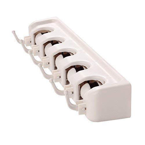 Maharsh Wall-Mounted Mop and Broom Holder with 5 Slots & 6 Built-in Hooks - Space Saving Grey Plastic Organizer for Kitchen, Garage, Laundry Room Storage