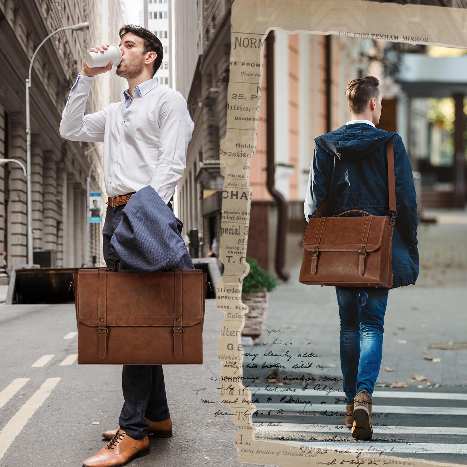 IGOLUMON Vintage Leather Messenger Bag for Men - 15.6 Inch Waterproof Laptop Briefcase, Retro Satchel Shoulder Bag for Office, Business, Travel, College, and Everyday Use, Brown