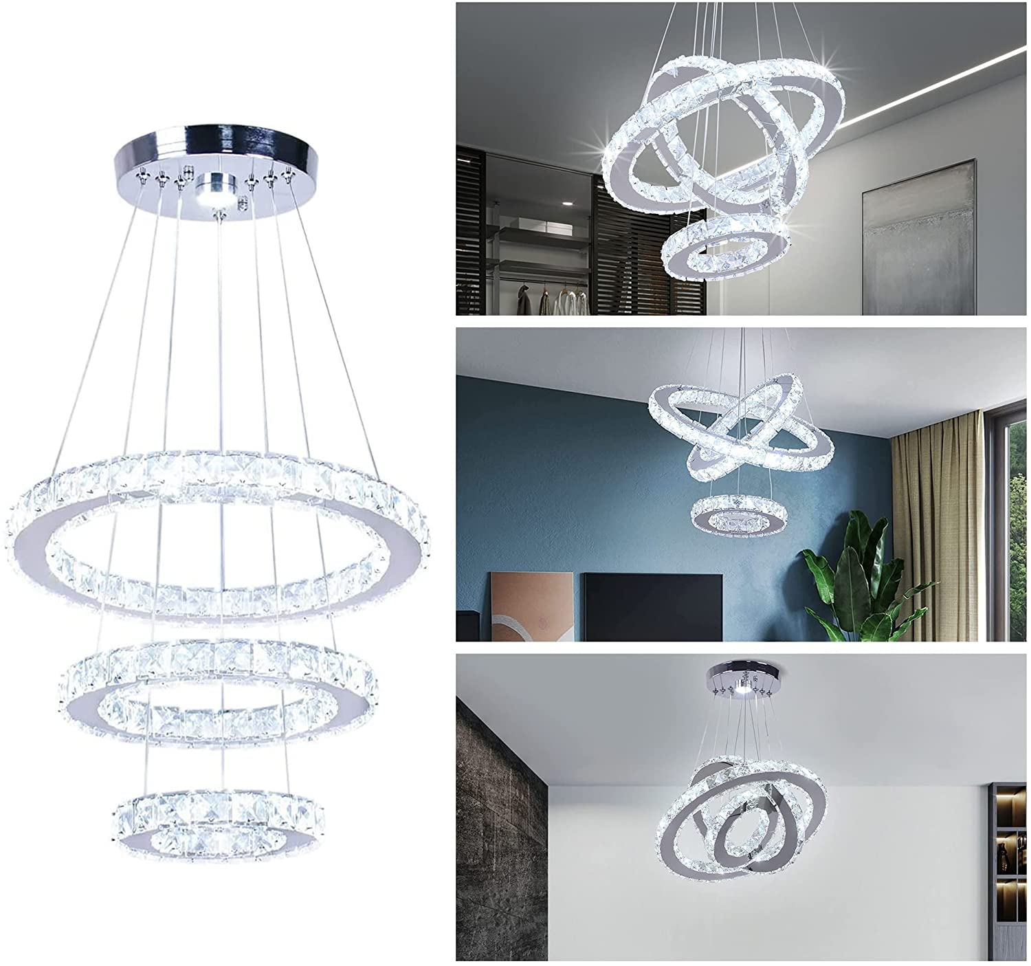 Modern 3-Tier Crystal LED Chandelier - Adjustable Round Pendant Light Fixture with Stainless Steel Frame for Dining Room, Bedroom & Living Room | Energy Efficient Cool White Lighting for Home Decor & Special Occasions