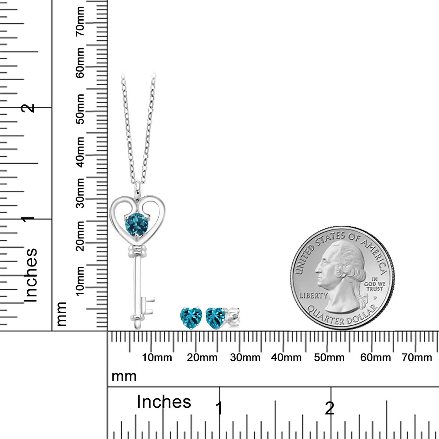 1.60 Ct Round London Blue Topaz Sterling Silver Key Pendant & Earrings Set | Gem Stone King | 925 Silver Jewelry for Women | Perfect Gift for Birthday, Anniversary & Special Occasions