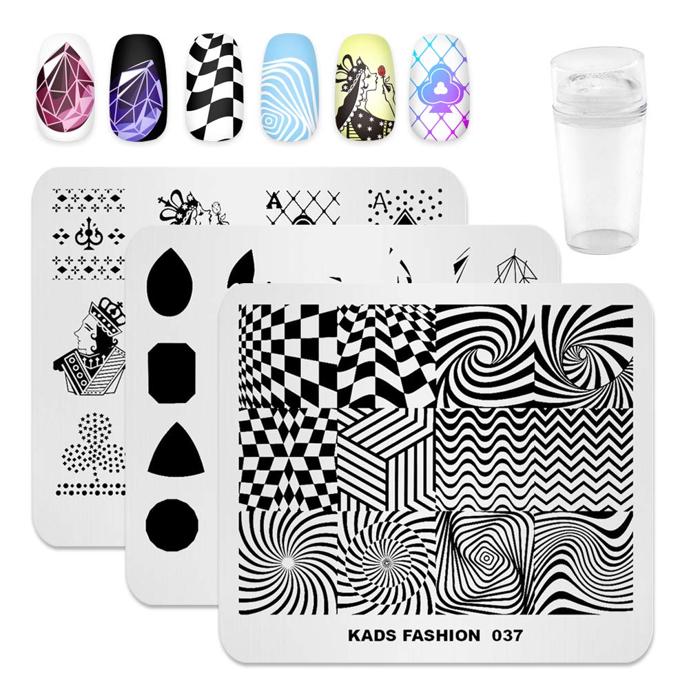 Alexnailart 3-Piece Nail Art Stamping Plates Set - Geometric Gem & Poker Multi-Pattern Design for Professional Nail Stamping | Includes 1 Polish Stamper | Perfect for Salon, DIY Manicures & Nail Art Enthusiasts