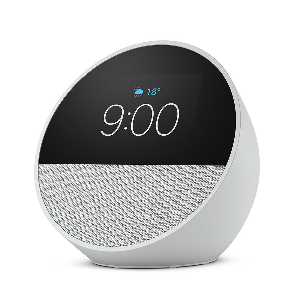 Amazon Echo Spot (Latest Model) - Smart Alarm Clock with Alexa, Glacier White | Perfect for Nightstands, Offices & Kitchens | Voice Control, Weather Updates, Music Streaming & More
