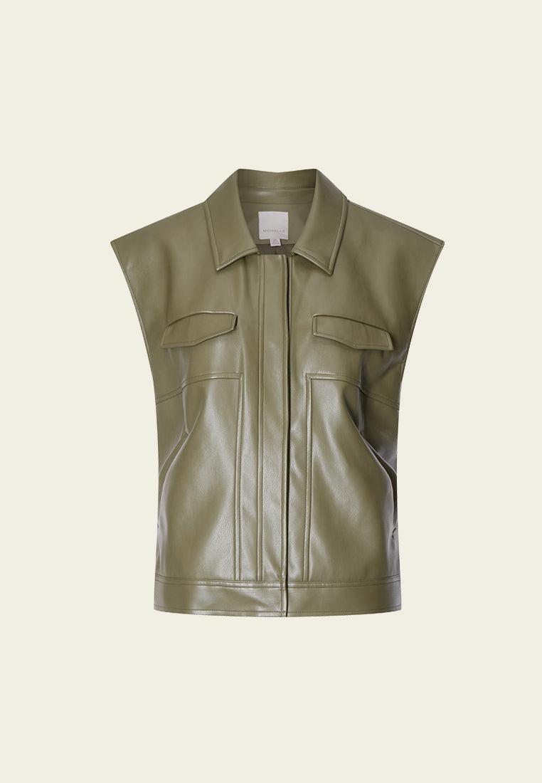Vegan Leather Vest for Women - Cap Sleeve Faux Leather Top - Stylish Vegan Jacket for Casual Outfits, Night Out & Office Wear