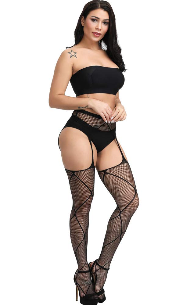 Confonze Women's Sexy High Waist Fishnet Tights with Suspenders - Black Thigh High Stockings Pantyhose for Party, Cosplay & Night Out