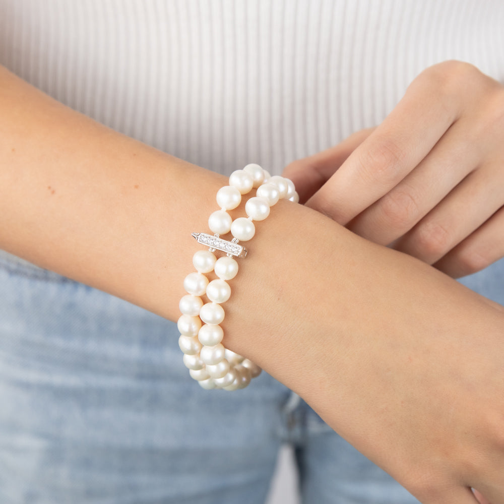7-8mm Freshwater Pearl & Cubic Zirconia Sterling Silver Bracelet for Women - Elegant Jewelry Gift for Wedding, Anniversary & Special Occasions