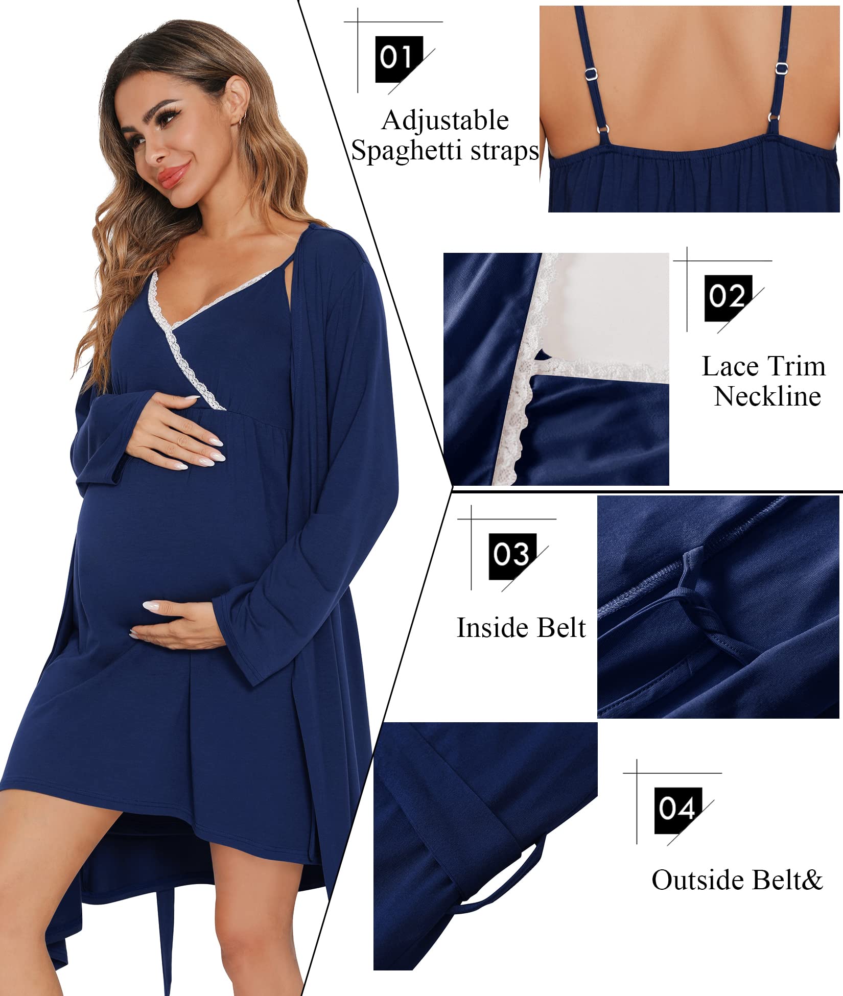 SWOMOG Women's Maternity Robe & Nursing Nightgown Set - 3-in-1 Breastfeeding Dress with Lace Trim, Labor Delivery Gown & Bathrobe for New Moms - Perfect for Hospital Stay, Nursing at Home & Postpartum Comfort