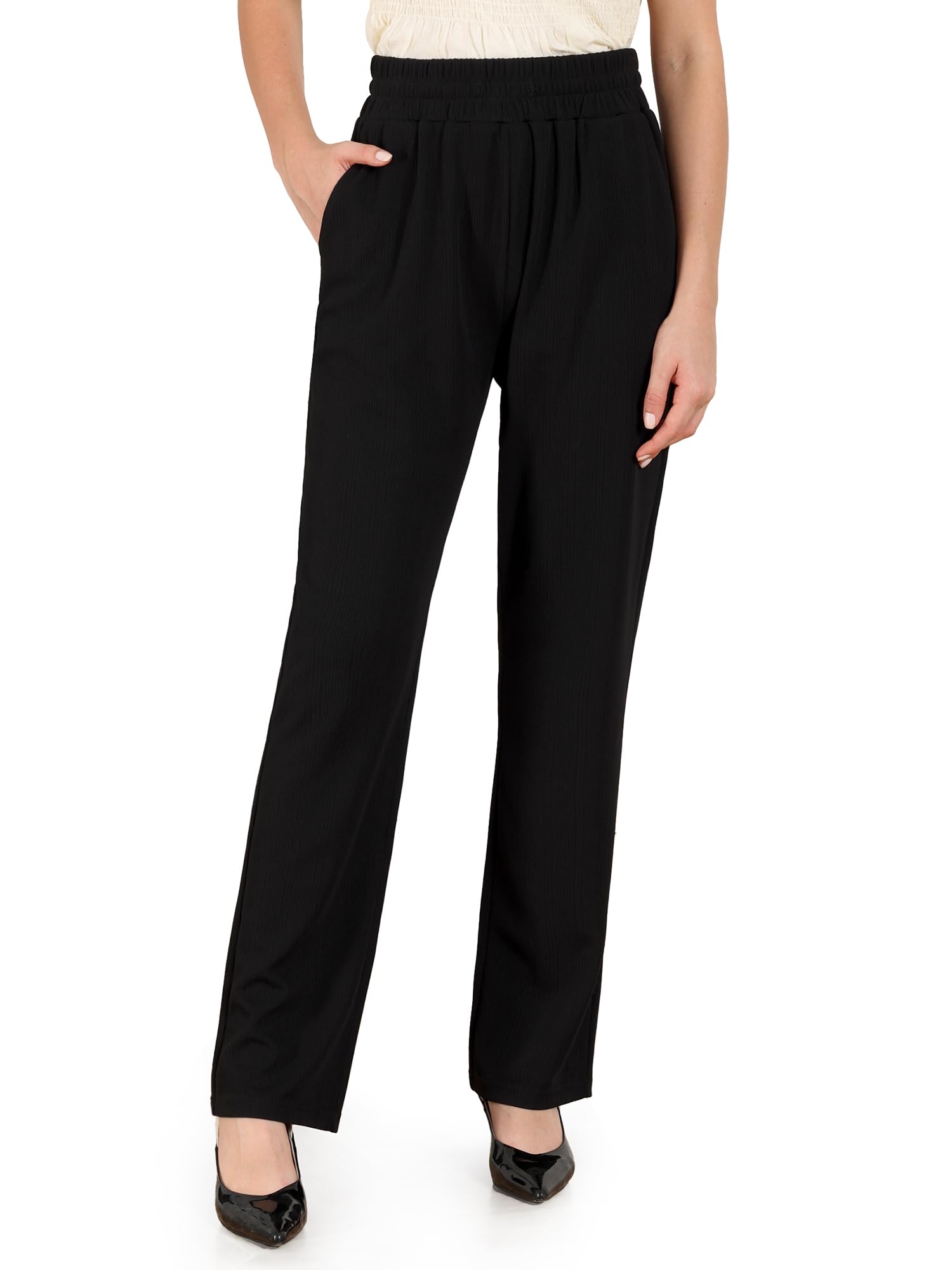 Bamans Women's High Waisted Straight Leg Dress Pants - Business Casual Work Slacks, Loose Fit Black Trousers for Office, Lounge & Everyday Wear