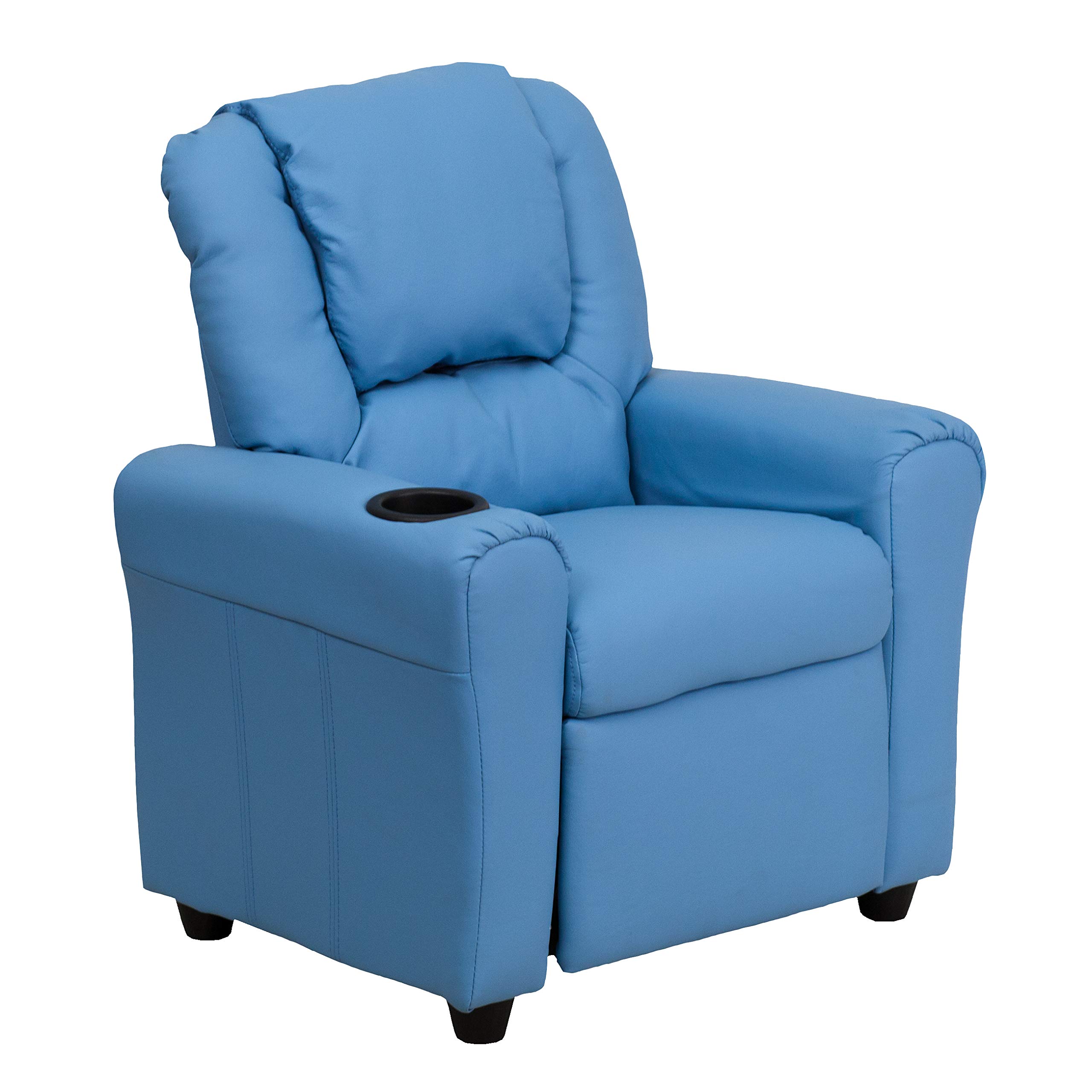 Light Blue Vinyl Kids Recliner Chair with Cup Holder & Headrest - Comfortable Lounge Chair for Children's Bedroom, Playroom or TV Room