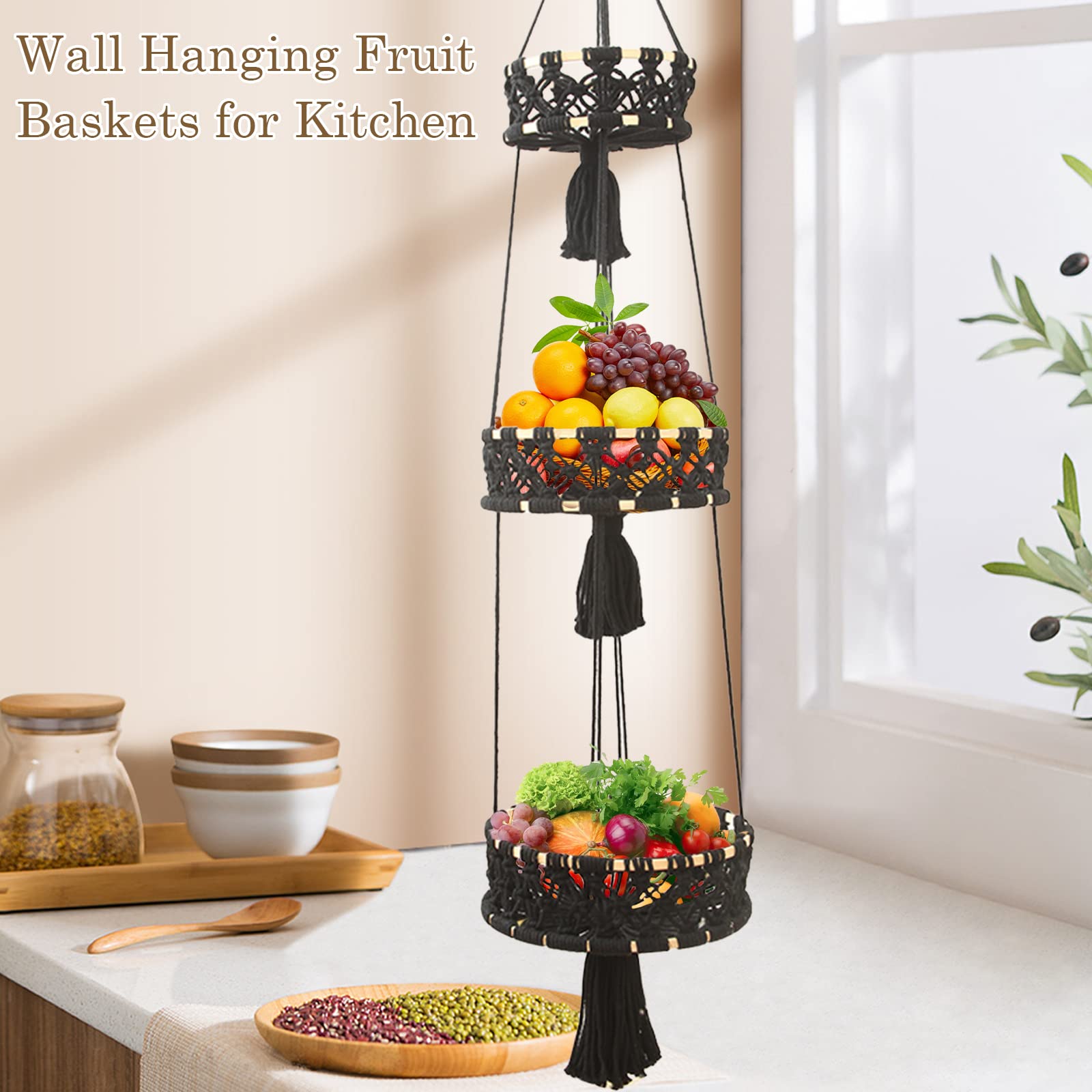 Felenny 3-Tier Hanging Fruit Basket with Tassel - Space Saving Kitchen Storage Organizer for Fruits, Vegetables & Produce - Perfect for Pantry, Countertop or Small Kitchen Decor