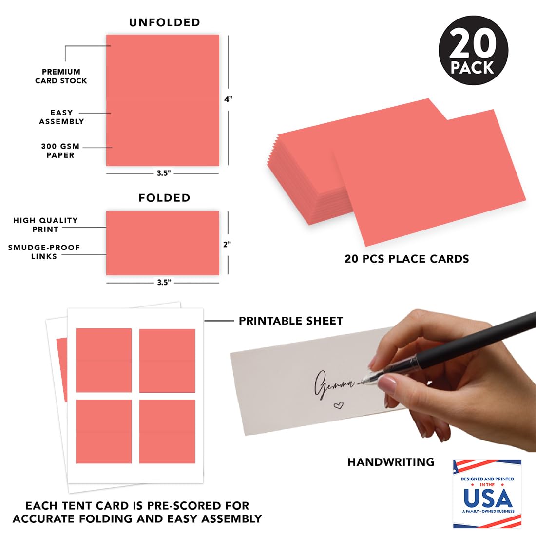 Andaz Press Printable Table Tent Place Cards - 20-Pack Coral Blank Name Cards for Wedding, Baby Shower & Graduation | Perfect for Seating Arrangements, Buffet Labels & Event Decorations