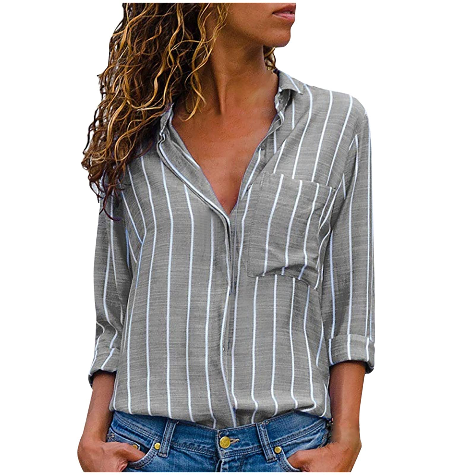 Women's Casual Boho Floral Print V-Neck Long Sleeve Workout Top - Grey Cotton T-Shirt for Women | Perfect for Yoga, Gym & Everyday Wear