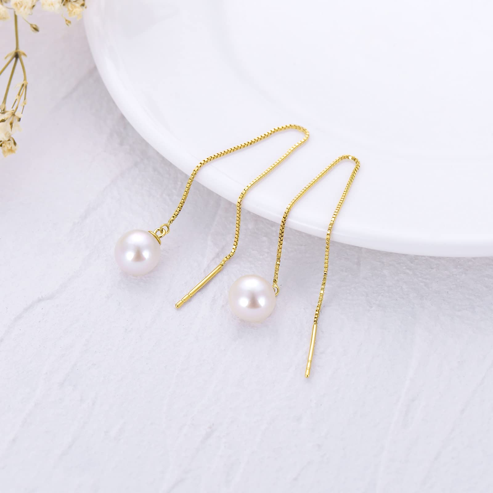 14Kt Solid Gold Pearl Dangle Earrings for Women - Elegant Freshwater Cultured Pearl Threader Drop Earrings with Durable Gold Box Chain | Perfect Gift for Her, Birthday, Anniversary & Special Occasions