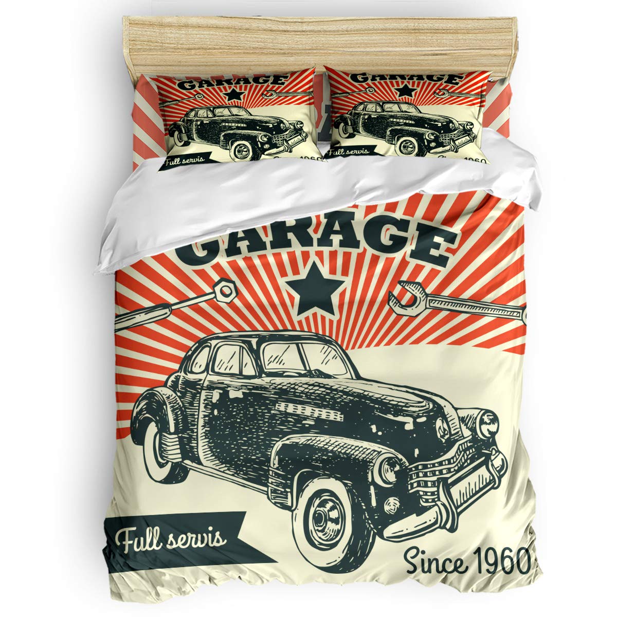 Luxury 4-Piece Vintage Car Poster Duvet Cover Set - Queen Size Bedding with 2 Pillowcases, 1 Duvet Cover & 1 Fitted Sheet - Soft Breathable Cotton for Home & Hotel Decor - Perfect for Bedroom Makeover & Gift Giving