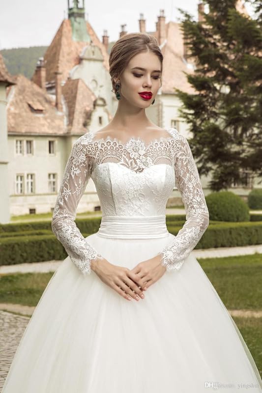 2024 Elegant Long Sleeve Tulle Wedding Dress with Lace Appliques - Romantic Ball Gown with Train for Bride | Perfect for Church Ceremony, Beach Wedding & Formal Reception