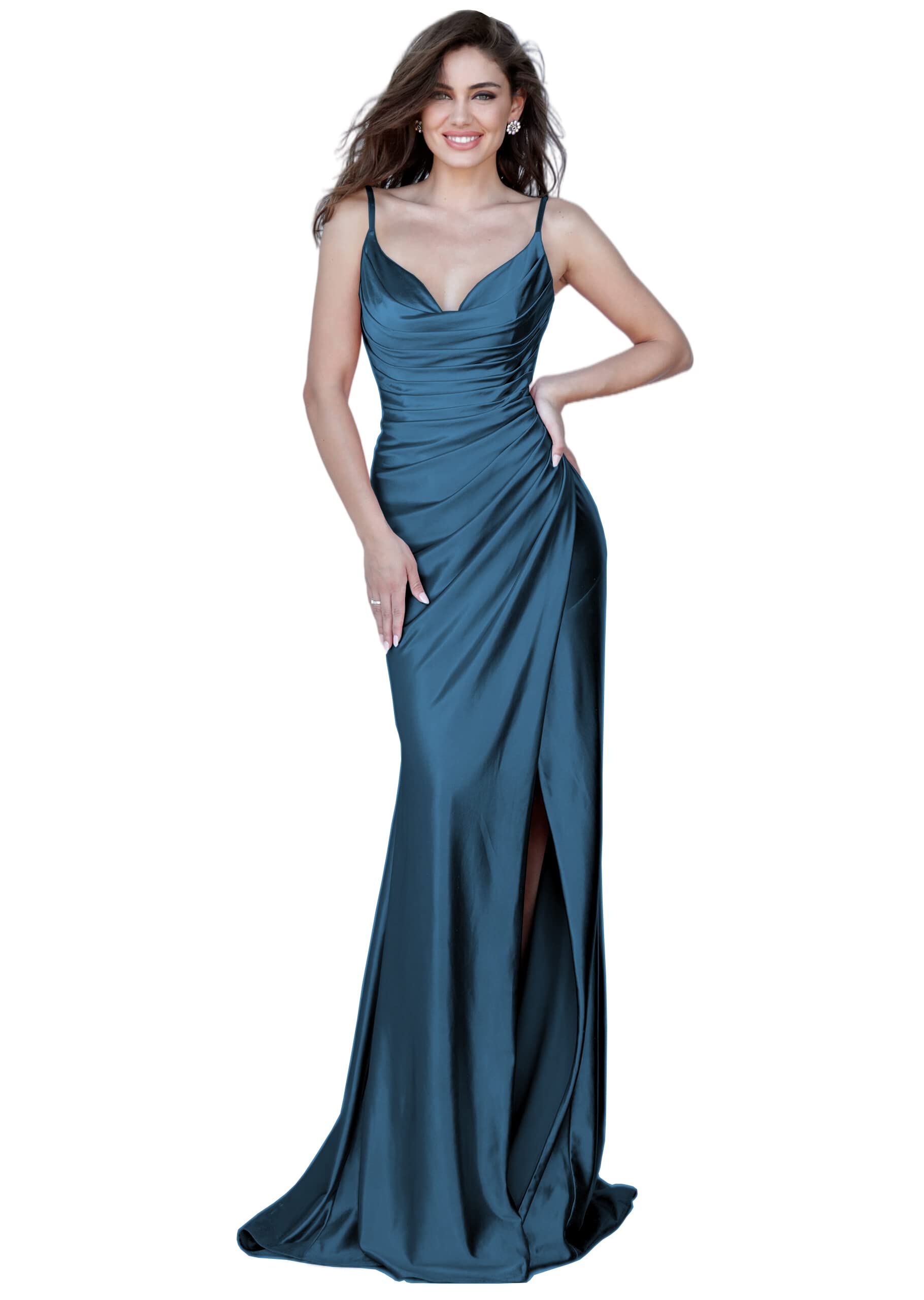 Elegant Mermaid Prom Dresses for Women - Long Ball Gown with Spaghetti Straps, Ruched Wrap & High Slit for Formal Evening Parties, Homecoming, Wedding & Special Occasions