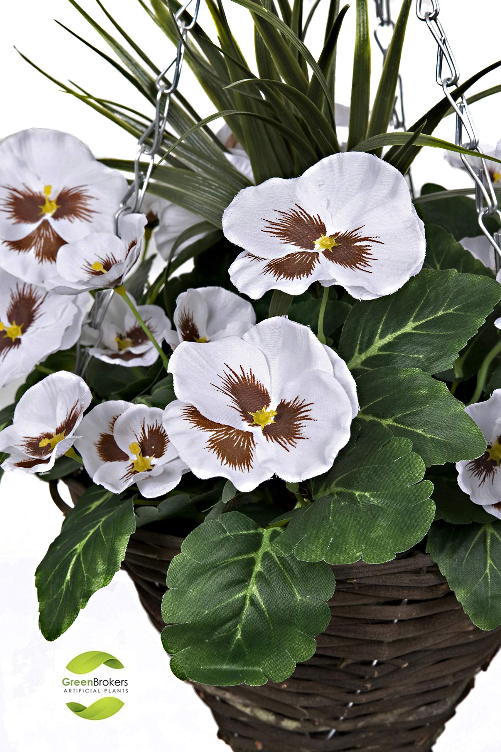 White Artificial Cone Shaped Hanging Baskets with Flowers & Decorative Grasses - Set of 2 | Outdoor Garden Decor, Porch Hanging Planters, Patio Decoration