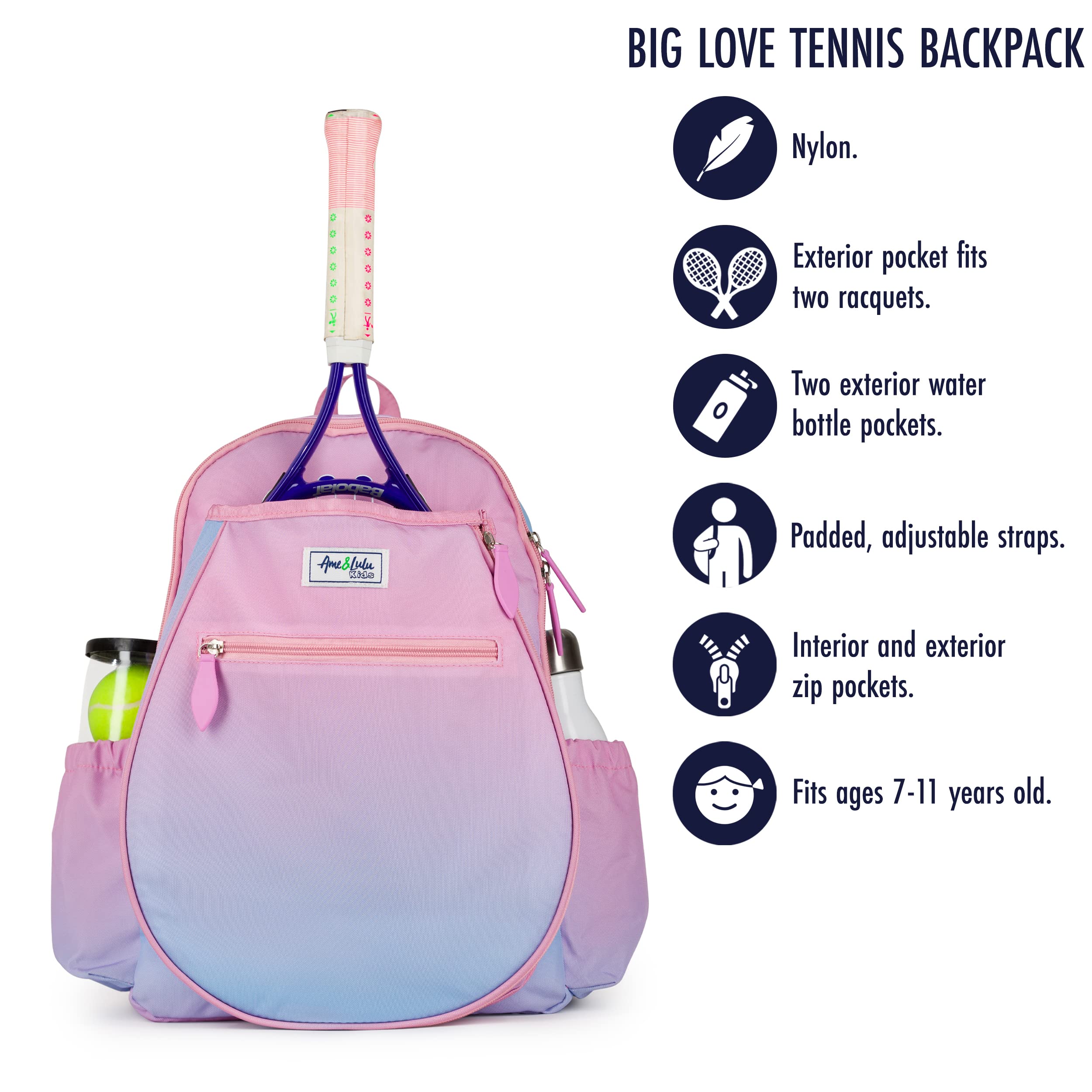 Ame & Lulu Kids Big Love Tennis Backpack - Cute Durable School Backpack for Girls & Boys - Perfect for Tennis, School, Sports & Travel