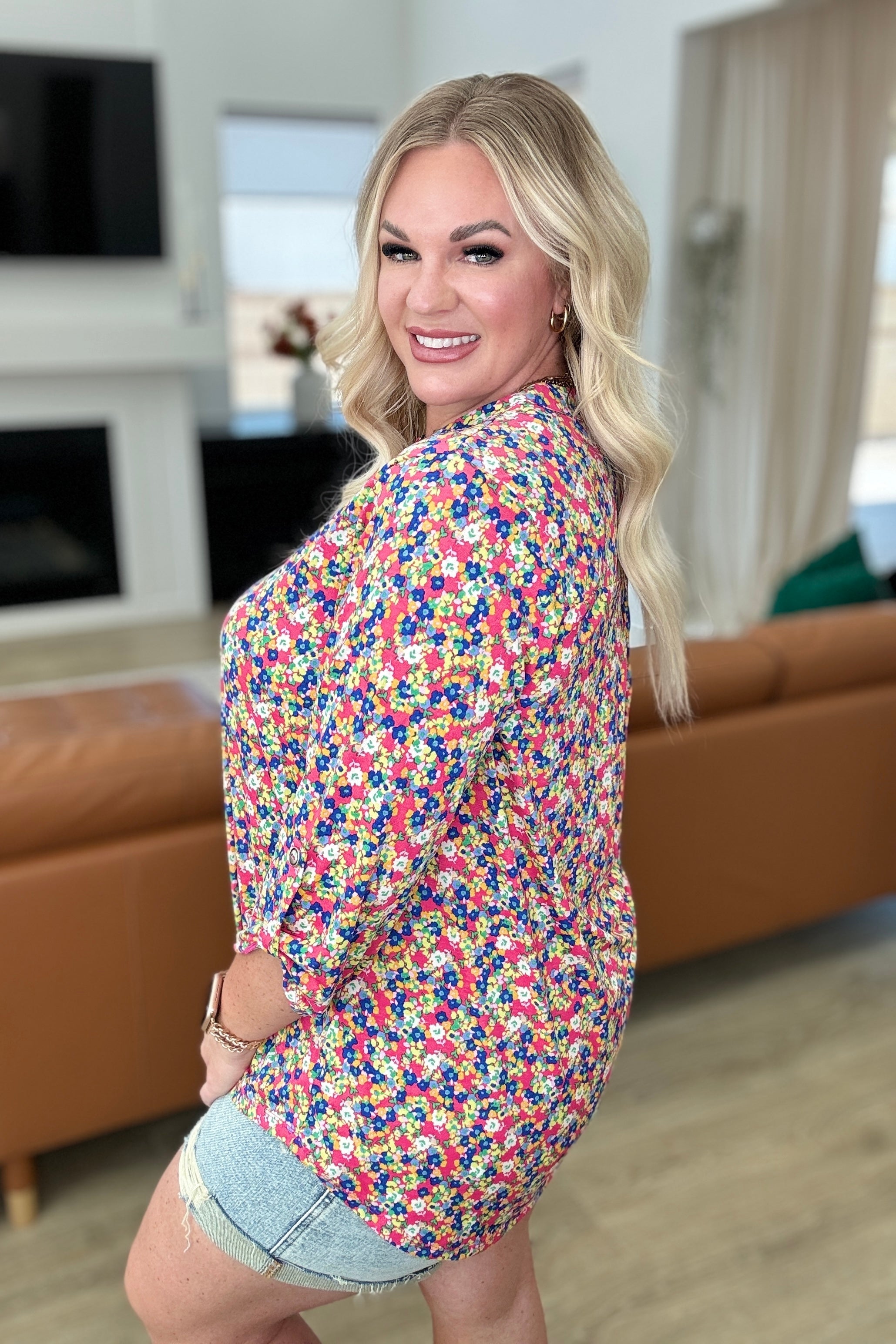 Lizzy Top in Coral Ditsy Floral Print - Women's Casual Short Sleeve Blouse for Spring & Summer Outfits | Perfect for Beach, Date Night & Office Wear