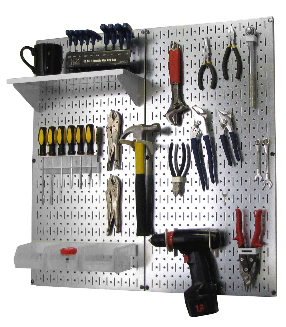 Wall Control Metal Pegboard Organizer Kit - Heavy Duty Utility Tool Storage & Garage Organization System with Metallic Tool Board & White Accessories - Perfect for Workshop, Garage, and DIY Projects