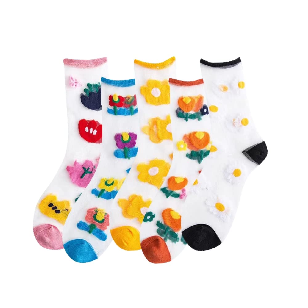 5 Pairs Women's Summer Thin Breathable Floral Silk Socks - Mesh Lace Jacquard Sheer Transparent Crystal Socks for Casual Wear, Office & Special Occasions