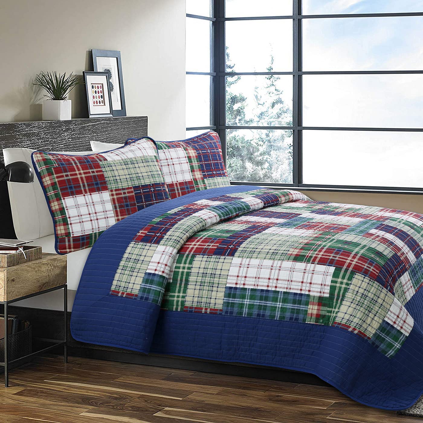 Tartan Plaid Reversible 3-Piece Quilt Set - 100% Cotton Full/Queen Size Bedding - Cozy Bedroom Decor for Fall & Winter