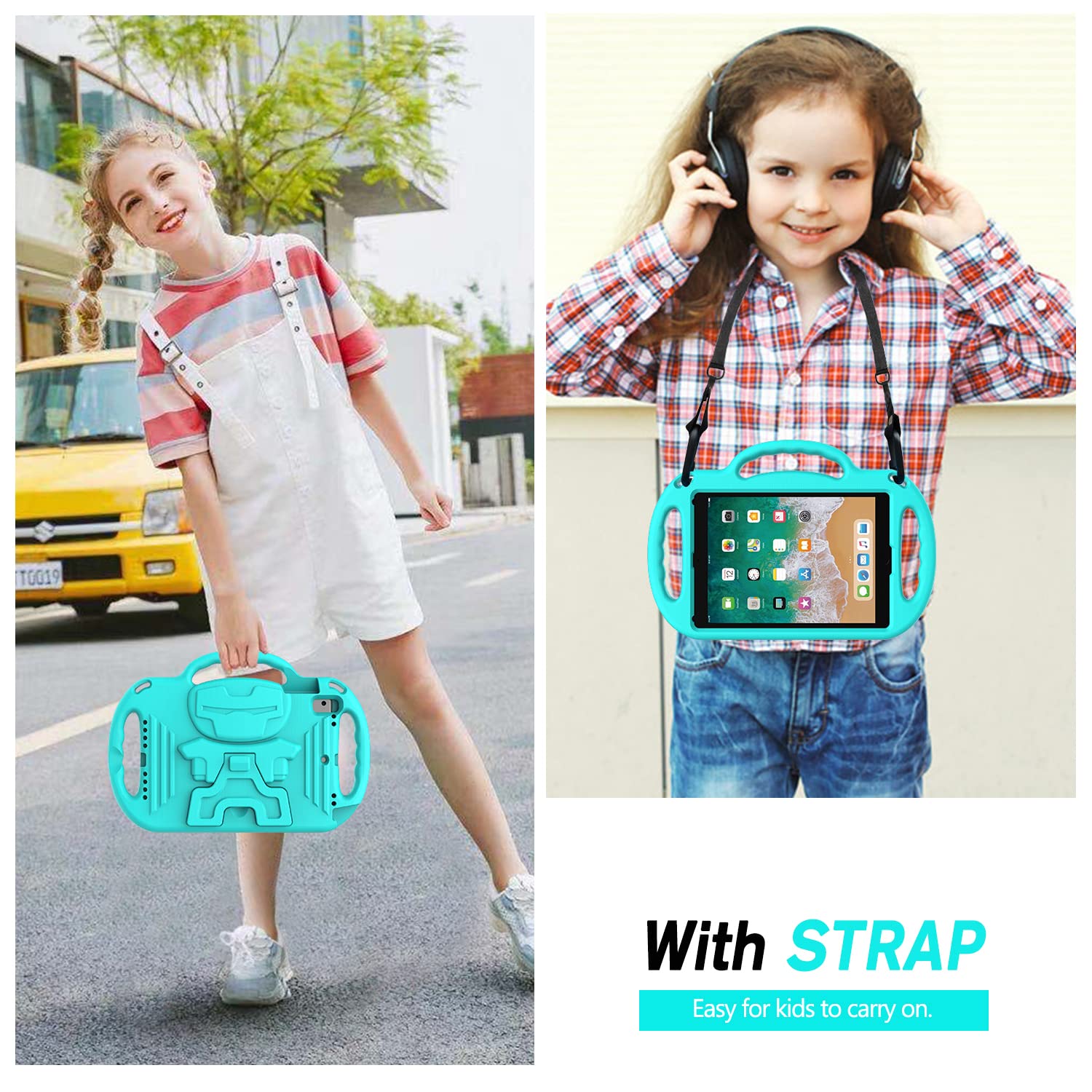 AVAWO Shockproof Kids iPad Case for iPad 6th Gen/5th Gen 9.7 inch & iPad Air 2 - Durable Protective Cover with Shoulder Strap & Handle Stand, Turquoise - Perfect for School, Travel & Home Learning