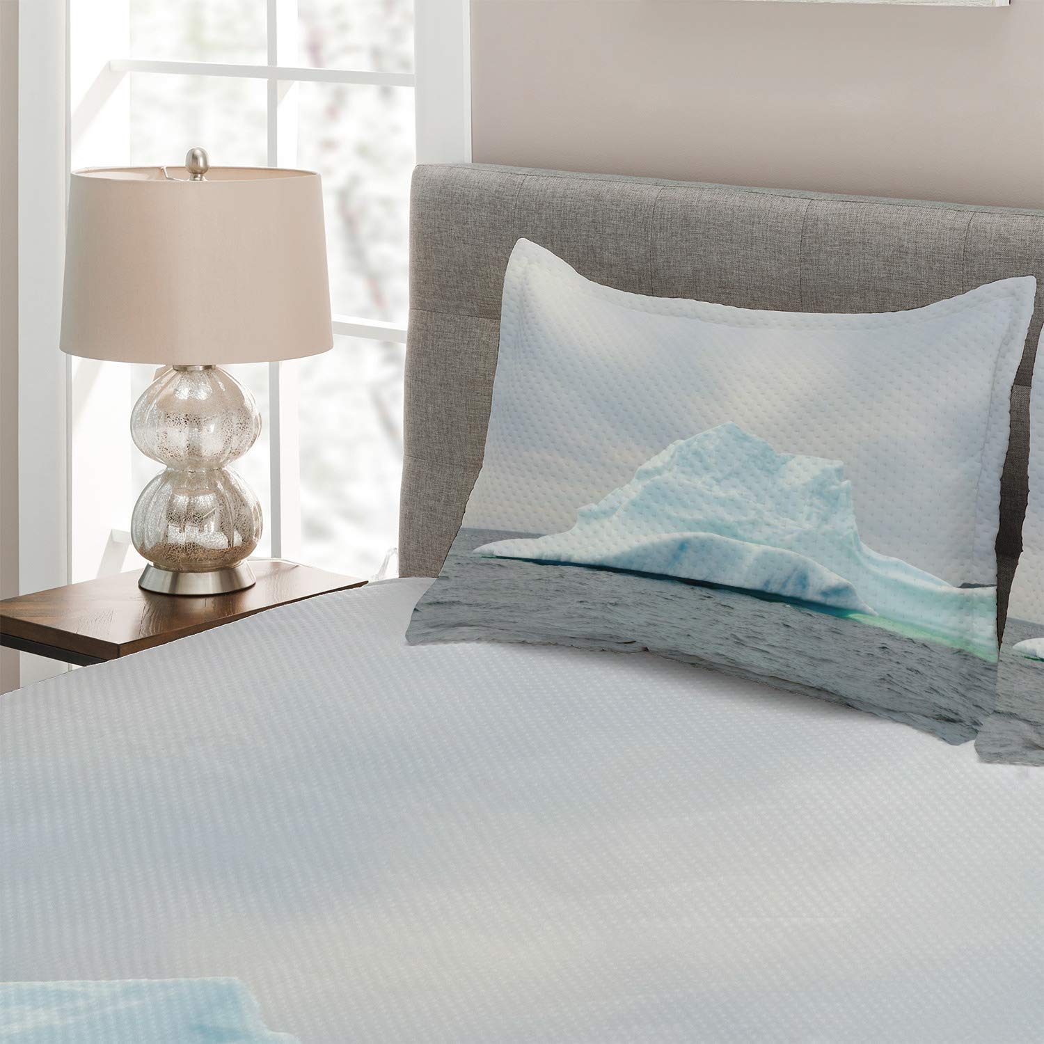 Ambesonne King Size 3-Piece Quilted Bedspread Set with 2 Pillow Shams - Pale Blue Purple Iceberg Design, Rocky Water Formation - Cozy Bedroom Decor for Winter & Luxury Hotel Style