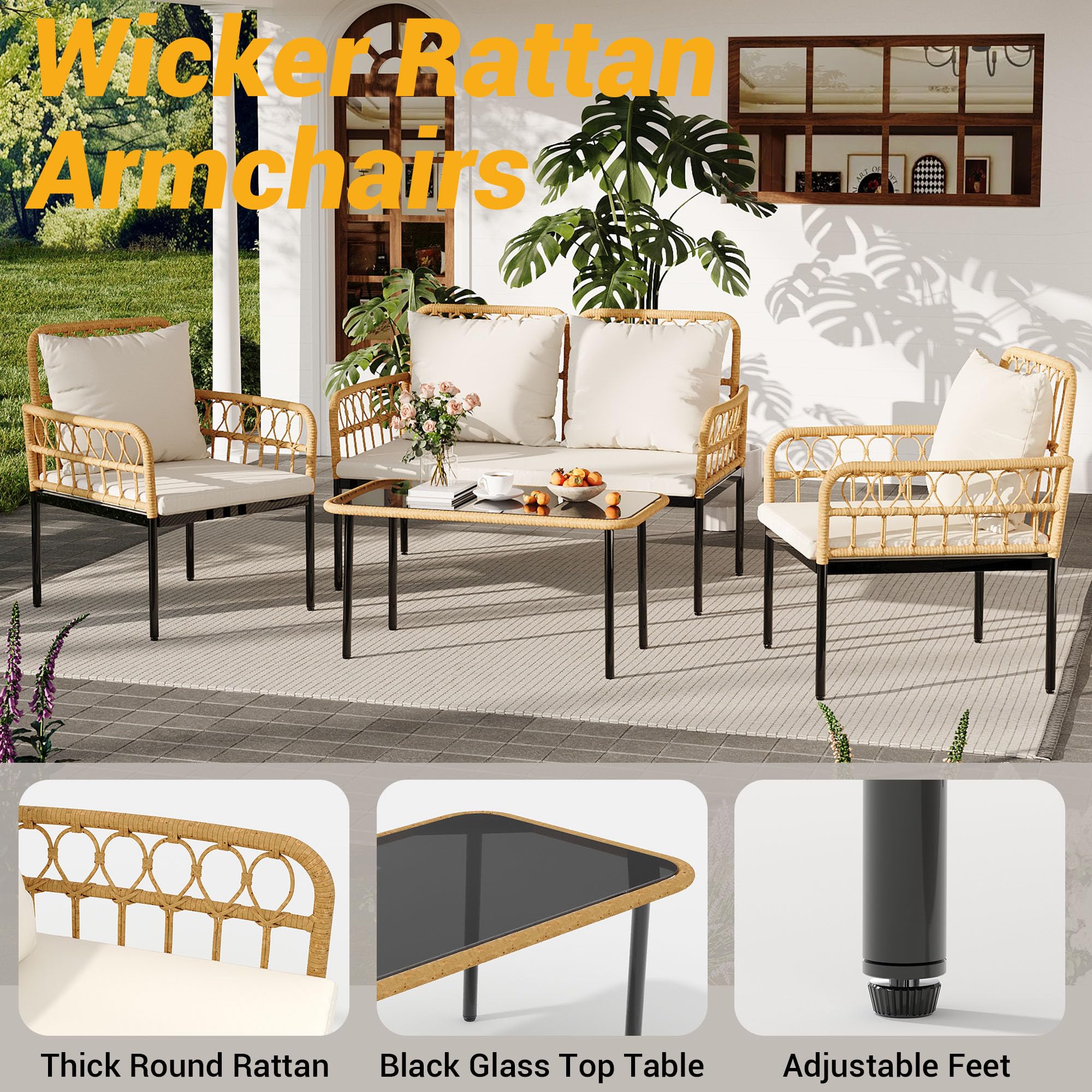 GARVEE 4-Piece All-Weather Wicker Patio Bistro Set with Glass Top Coffee Table, Loveseat & 2 Armchairs - Includes Cushions - Boho Outdoor Furniture for Backyard, Garden, Balcony or Poolside - Beige