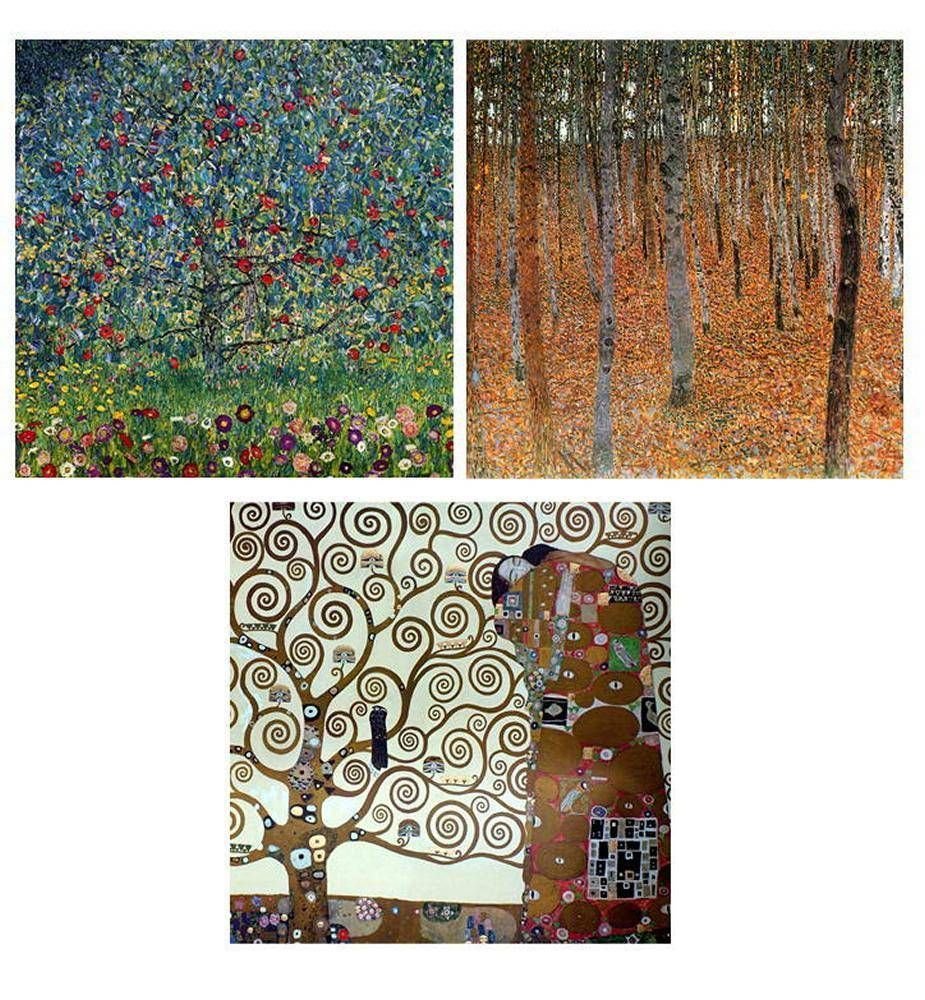 Gustav Klimt Forest Tree Apple Art Print - Set of 3 High Quality 24x24 Inch (61x61cm) Fine Art Photo Paper Posters Rolled - Modern Wall Decor for Nursery, Bathroom, Living Room & Office Spaces