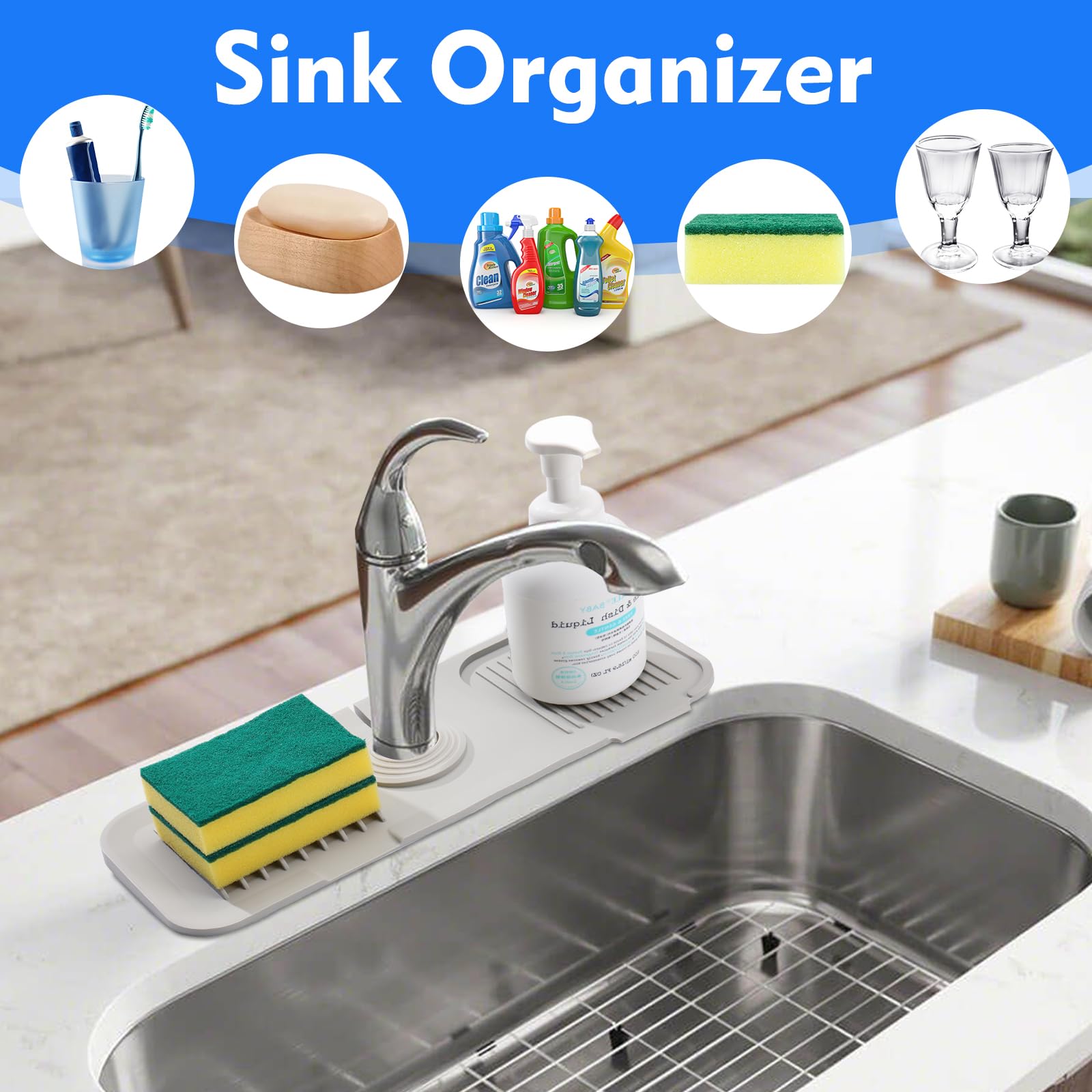 5° Slope Silicone Sink Splash Guard - Kitchen Drain Mat & Sponge Holder for RV Counter
