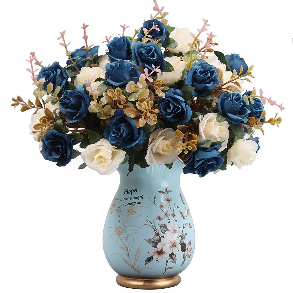 LVXINLI Artificial Silk Roses with Ceramic Printed Vase - Realistic Fake Flowers for Home Decor, Wedding Centerpieces, Table Arrangements & Event Decor - Elegant Blue Floral Display for Living Room, Dining Table & Special Occasions