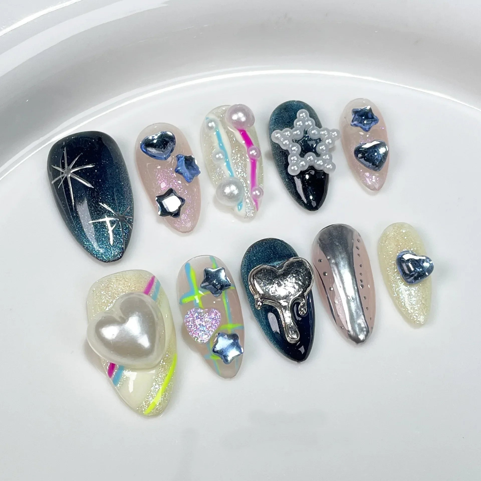 10Pcs Blue Handmade Almond Press on Nails - French Design with Rhinestones & Glitter | Full Cover Fake Nail Tips for Manicure | Perfect for Parties, Weddings, and Special Occasions