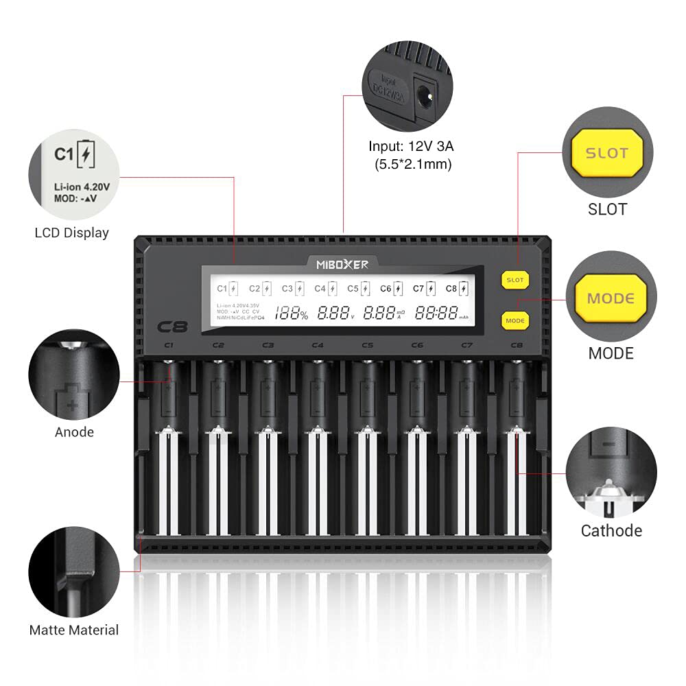 MiBOXER 8-Bay Smart Battery Charger for 18650, 21700, 26650, AA, AAA, C - Fast Charging LCD Display for Li-ion, LiFePO4, Ni-MH, Ni-Cd Batteries - Perfect for Vaping, Flashlights, and Electronic Devices
