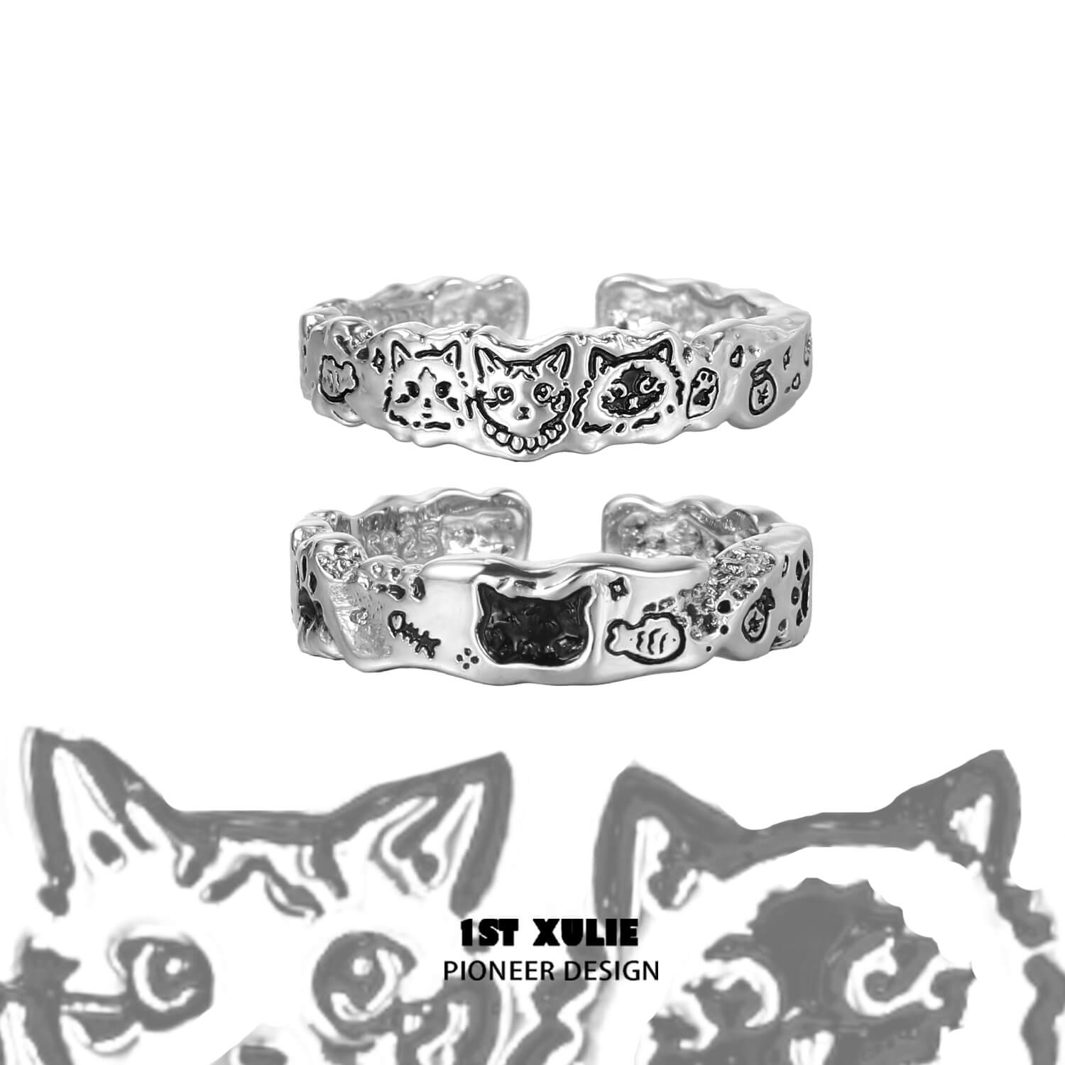Graffiti Kitten S925 Sterling Silver Cat Carved Rings for Women - Handmade Vintage Boho Jewelry, Perfect Gift for Cat Lovers & Unique Fashion Statement