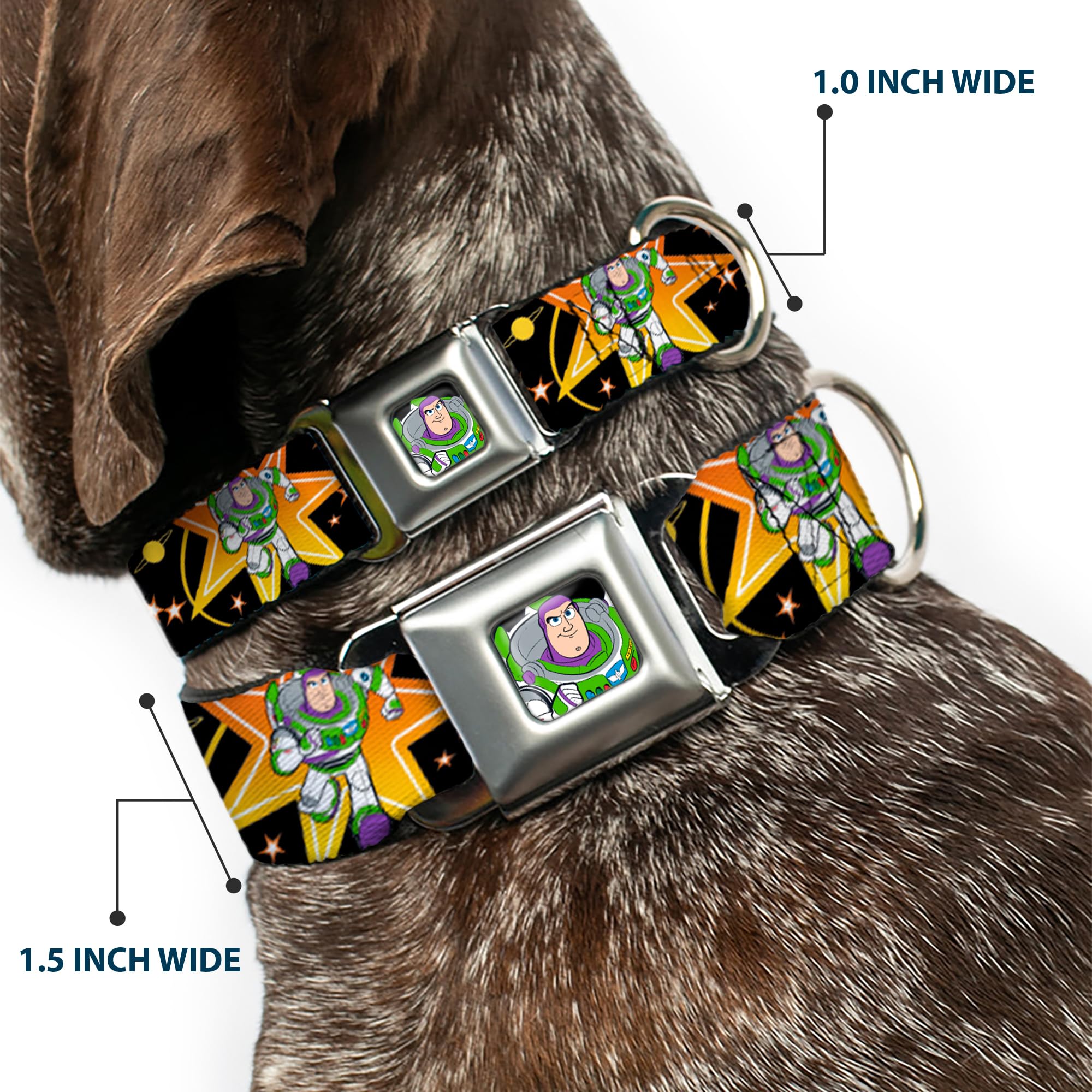 Buckle-Down Dog Collar with Seatbelt Buckle - Toy Story Buzz Lightyear Running Stars Design (Black, Orange, Yellow) - 1-Inch Wide Adjustable Collar for Large Dogs (15-26