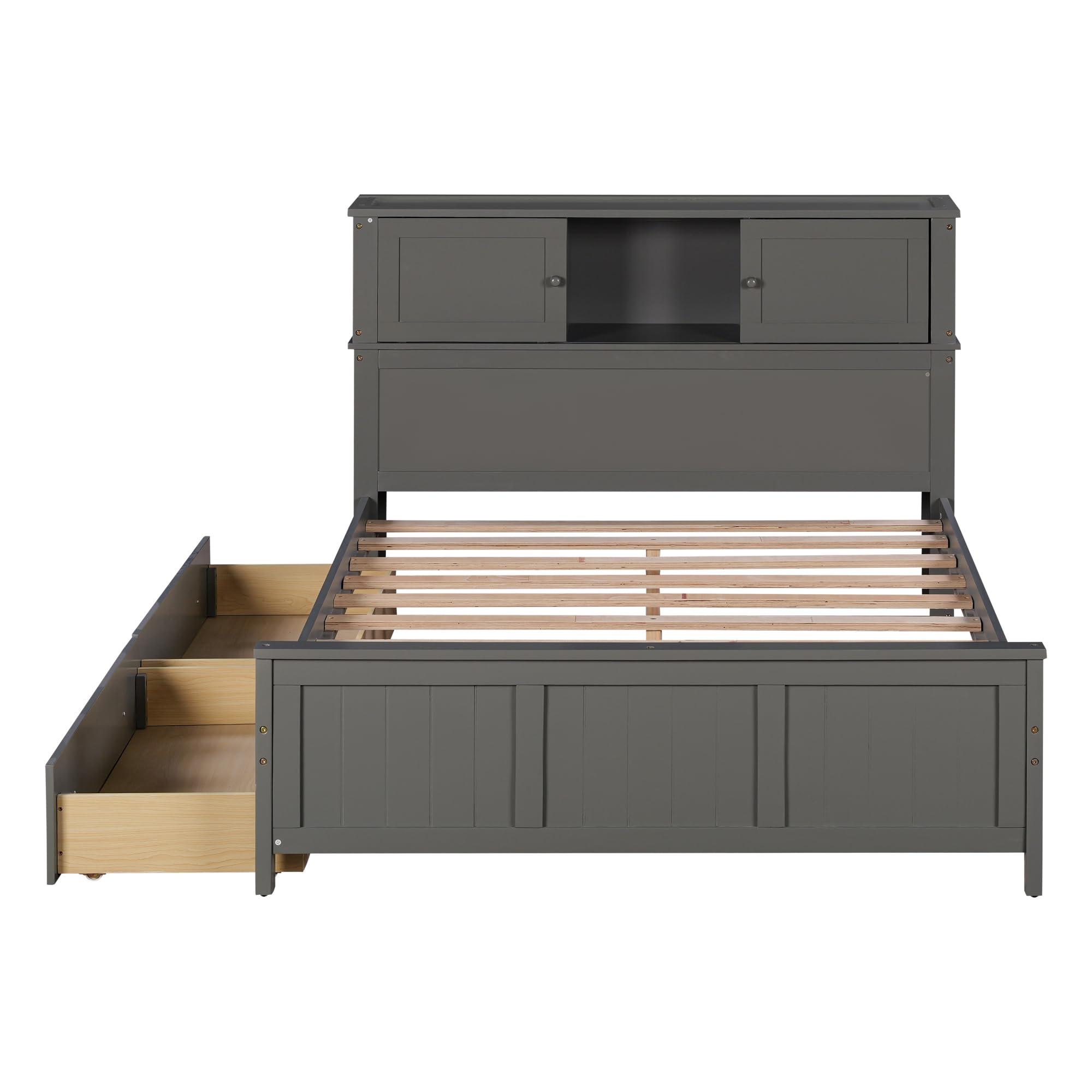 LZ LEISURE ZONE Full Size Platform Bed Frame with Storage Drawers & Sliding Door Headboard - Sturdy Wood Bed with Underbed Storage - Gray - Perfect for Small Bedrooms, Guest Rooms & Dorm Rooms