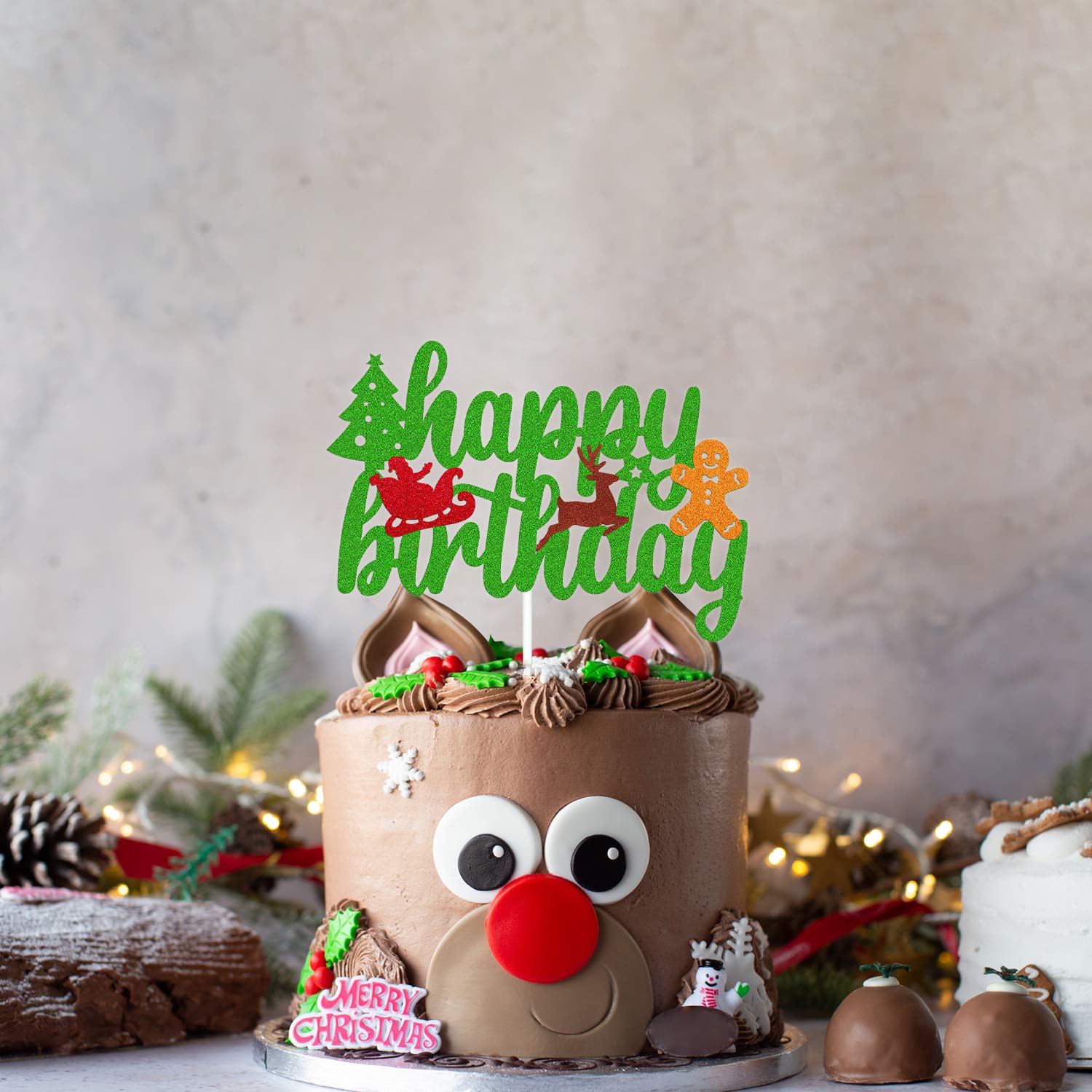 Christmas Birthday Cake Topper - Happy Birthday Sign with Green Glitter for Xmas Tree, Santa, Winter Snowflake & Snowman Themed Party Decorations | Perfect for Holiday Celebrations, Christmas Parties & Festive Dessert Displays