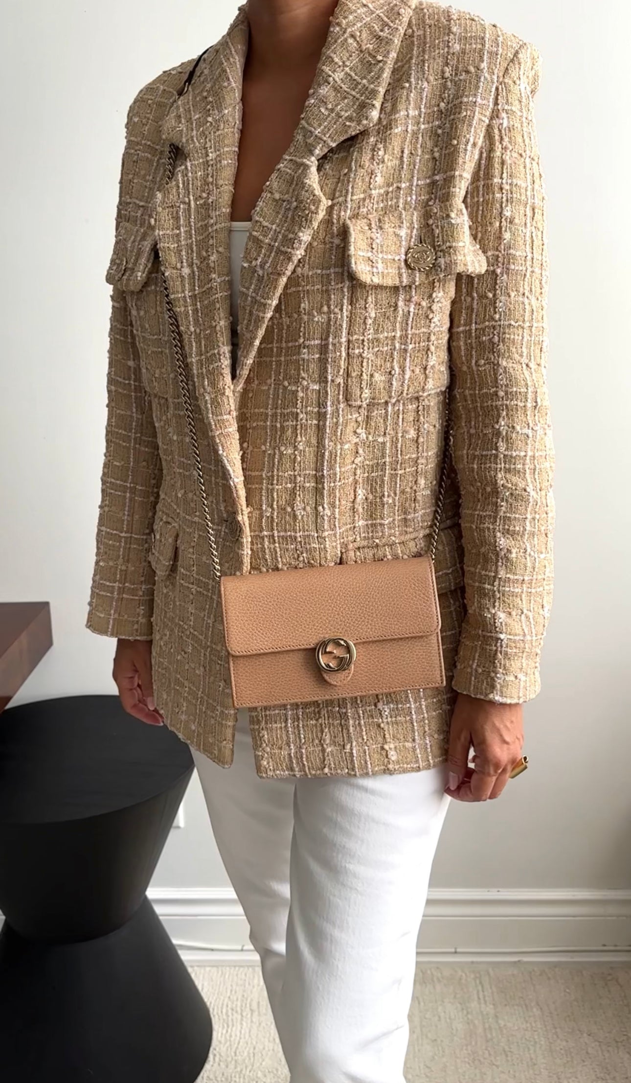 Chanel Spring 2019 Beige & Ecru Iridescent Tweed Blazer Jacket Women's Size FR42 (US 10) - Elegant Office Wear & Special Occasion Outfit