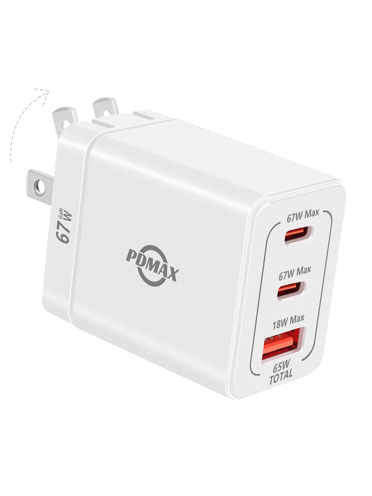 PDMAX 65W USB C Fast Charger Block - Dual Port Wall Charger for iPhone 16 Pro Max (45W) & Samsung S24 Ultra - Super Fast Charging with Foldable Plug - Includes USB-C & USB-A Ports - Perfect for Travel, Home & Office Use (White)