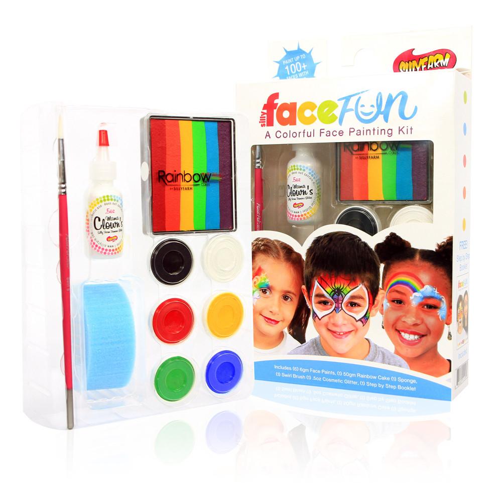 Rainbow Party Silly Face Fun Kit - 12 Colorful Face Paint Stickers & Temporary Tattoos for Kids Birthday, Halloween & Costume Parties - Perfect for Dress Up, Photo Booths & Themed Events