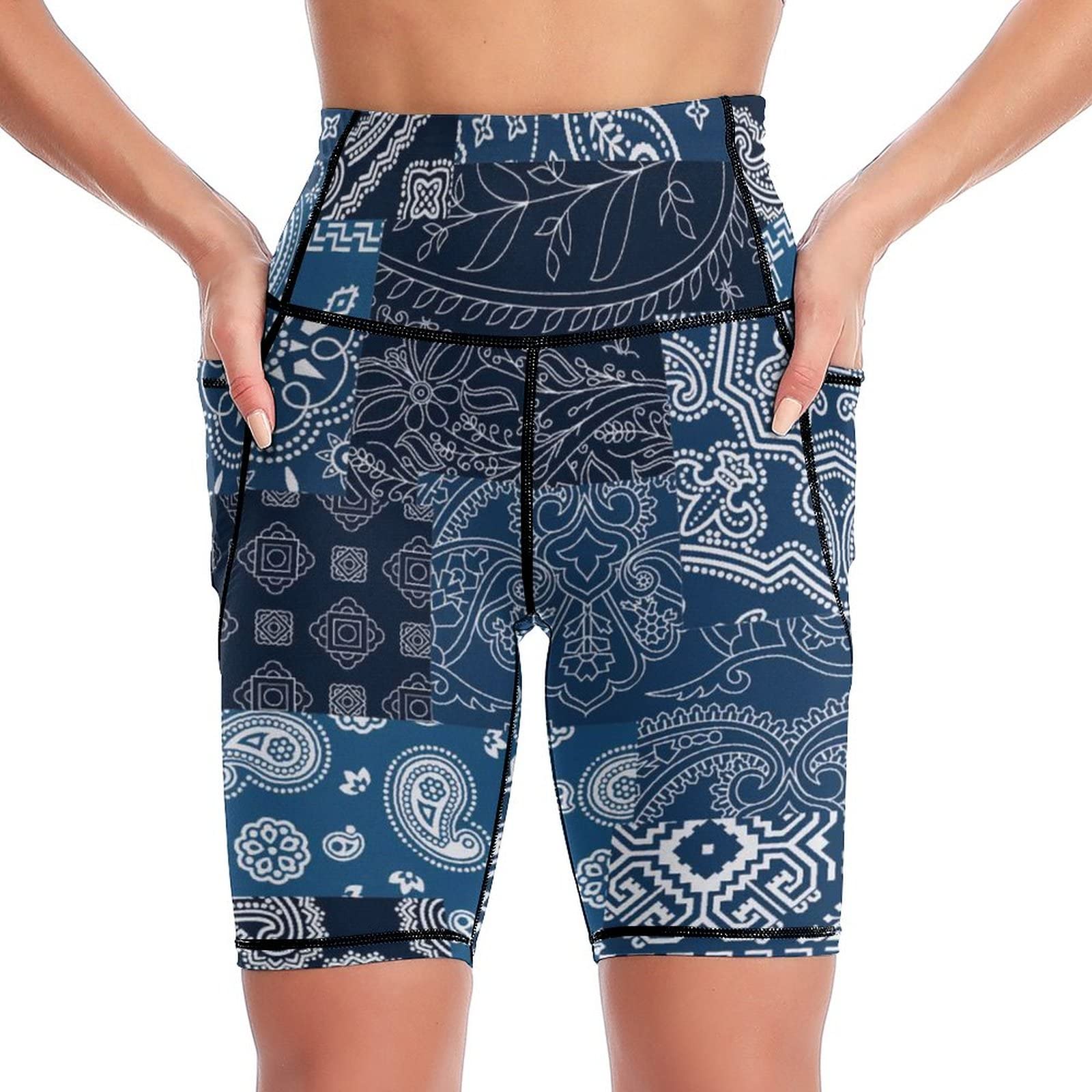 AMRANDOM High Waisted Blue Paisley Yoga Biker Shorts for Women - Tummy Control Workout Spandex Shorts with Side Pockets | Perfect for Running, Cycling & Yoga | Size Large