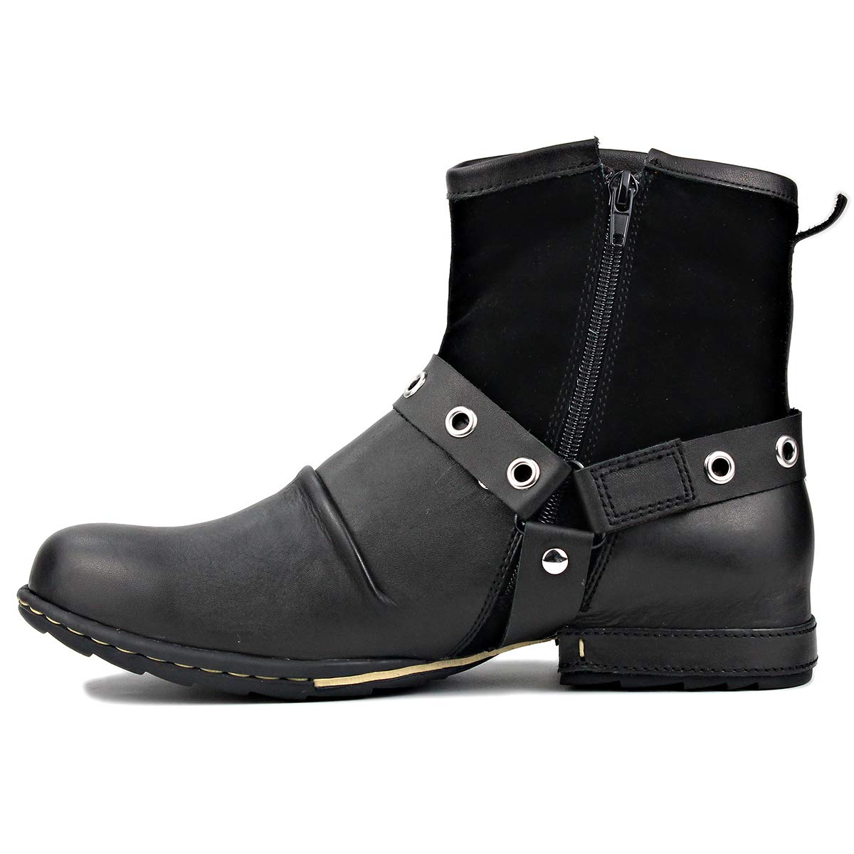 OSSTONE Men's Fashion Moto Boots - Zipper-Up Leather Chukka Boots Casual Shoes OS-5008-1-Belt-R | Perfect for Motorcycle Riding, Outdoor Adventures & Street Style Fashion