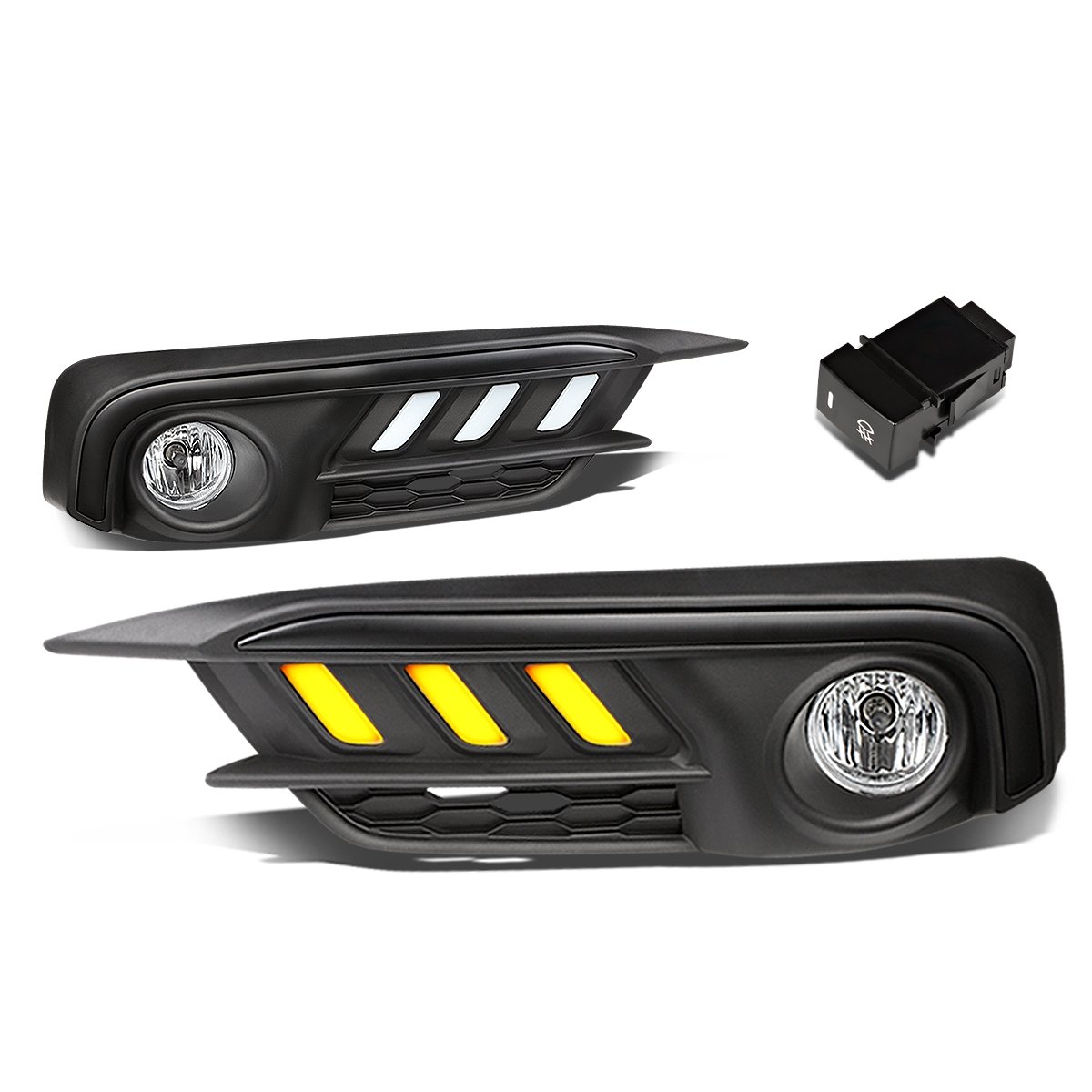 DNA Motoring FL-ZTL-241-AM Amber LED DRL Bezel Fog Light Kit with Switch - Compatible with 2016-2017 Honda Civic Sedan & Coupe - Upgrade for Daytime Running Lights & Fog Lamps - Perfect for Night Driving & Enhanced Visibility