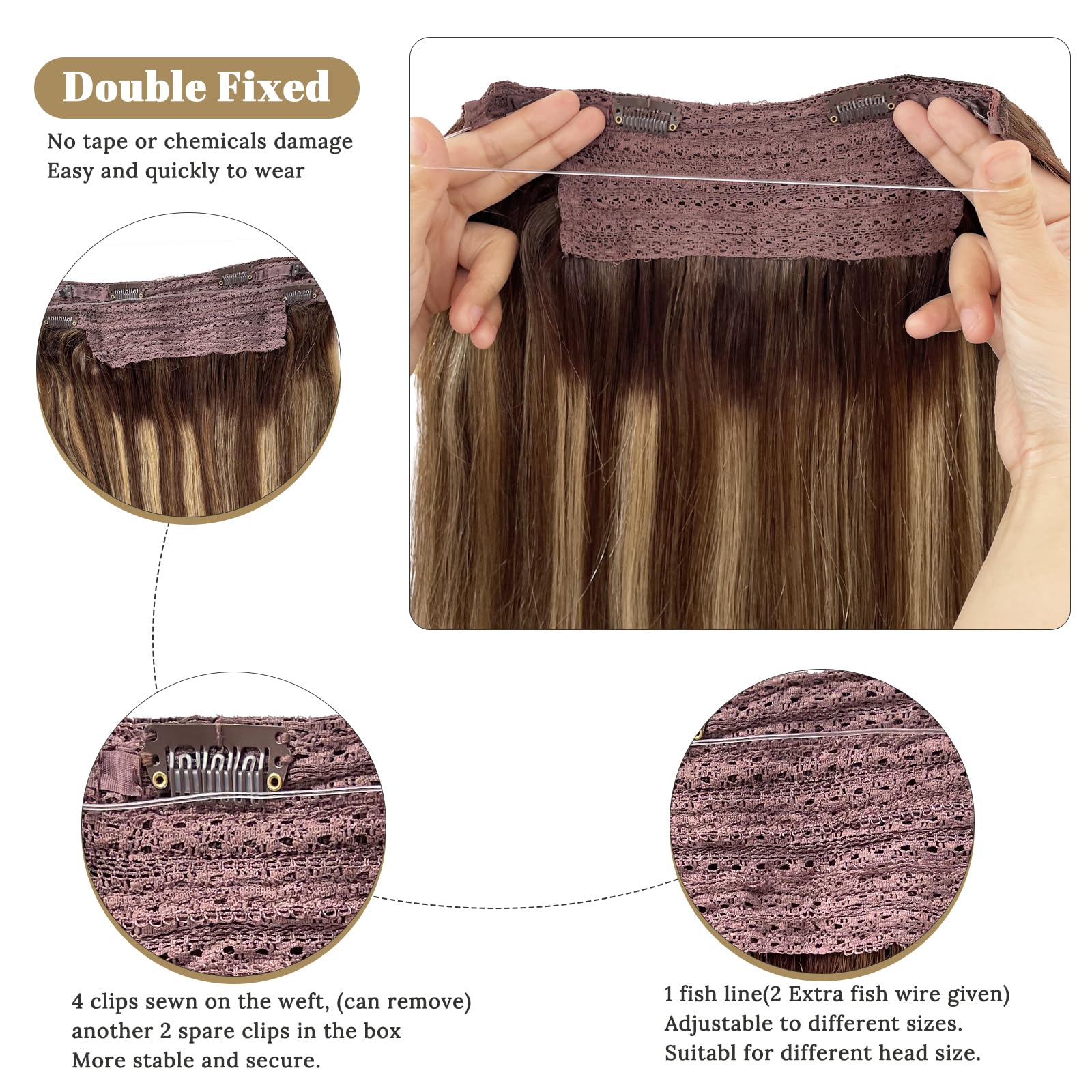 Halos 22Inch 100g Invisible Wire Real Human Hair Extensions - Strawberry Blonde Ombre Medium Brown - Natural Looking Hair Extensions for Volume & Length | Perfect for Parties, Weddings & Everyday Styling