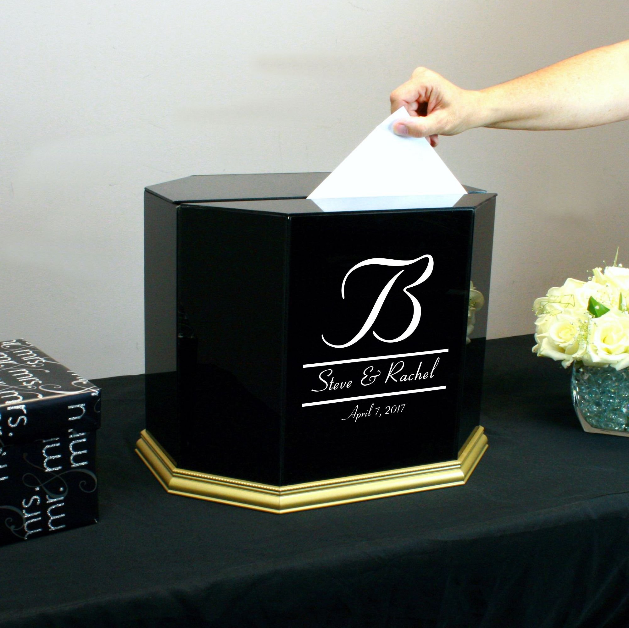Elegant Black Glass Wedding Card Box with Gold Trim - Personalized Keepsake for Bridal Showers, Receptions & Anniversary Gifts