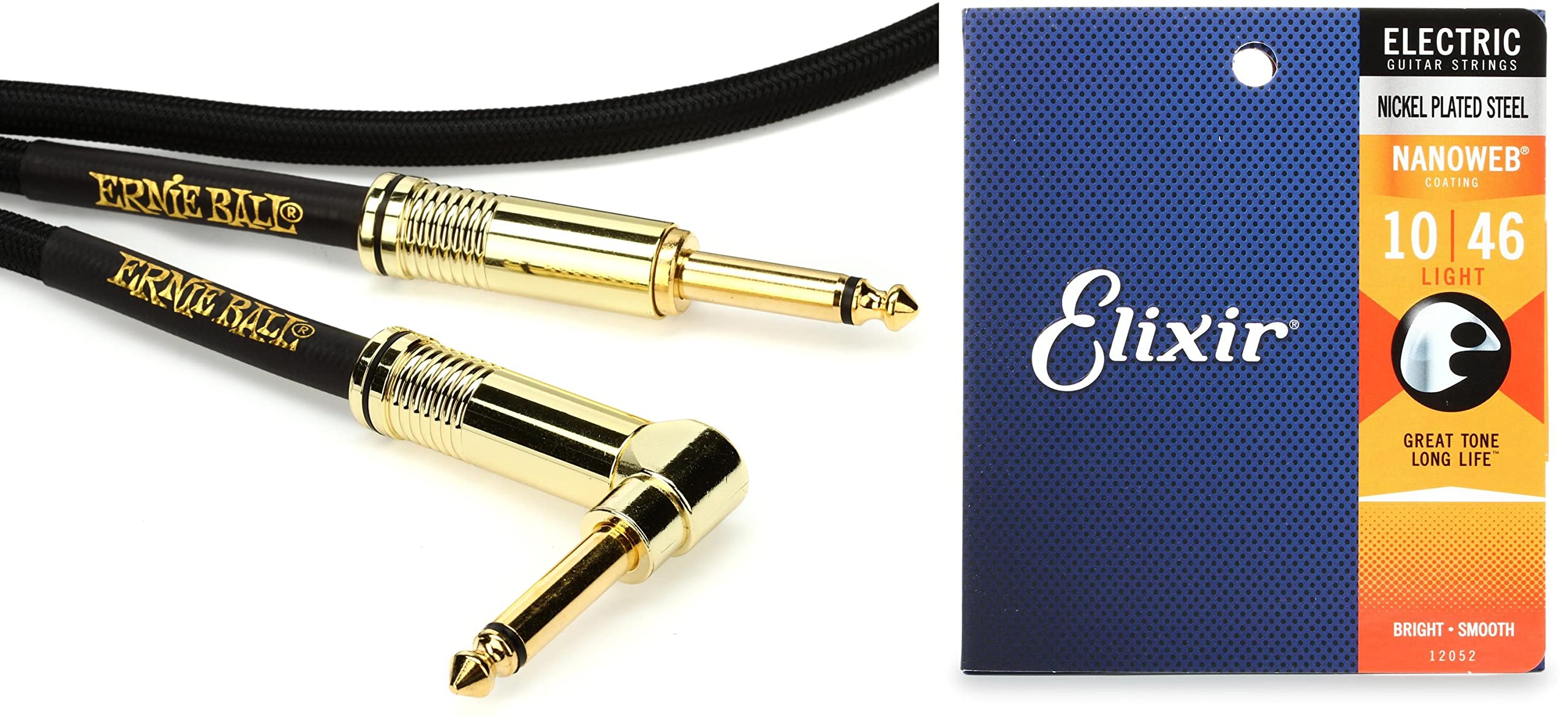 Ernie Ball P06081 10ft Braided Straight to Right Angle Instrument Cable & 12052 Nanoweb Electric Guitar Strings (.010-.046 Light) - Premium Audio Bundle for Guitarists | Perfect for Live Performances, Studio Recording & Home Practice