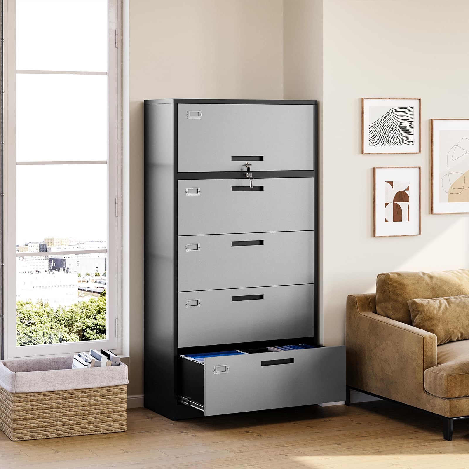 MIIIKO 4 Drawer Metal File Cabinet with Shelf & Flip Door - 5 Tier Lateral Filing Cabinet with Lock, 36