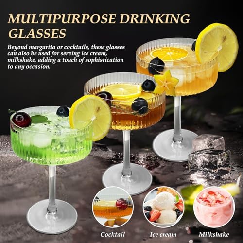 4 Pcs Vintage Ribbed Coupe Glasses Set - 10 oz Classic Cocktail Glasses for Champagne, Wine & Martinis - Elegant Barware & Party Drinkware - Perfect for Home Bars, Weddings & Gifts (Dishwasher Safe)